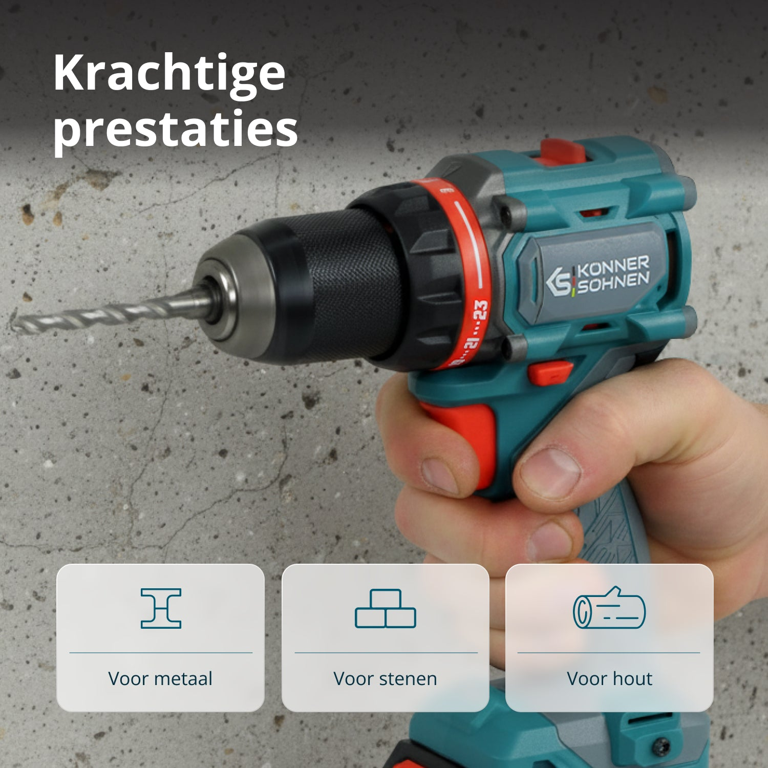 Trzymana jest bezprzewodowa wiertarka w kolorze niebiesko-zielonym i czarnym. Obraz zawiera ikony dla zastosowań metalu, kamienia i drewna.