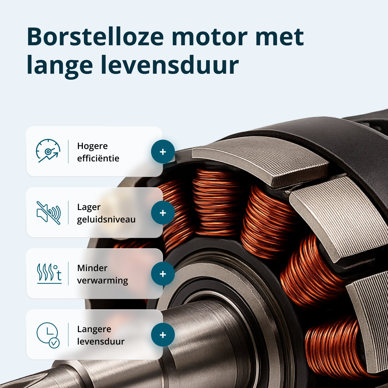 Zbliżenie silnika z cewkami miedzianymi, metalowymi elementami i ikonami informacyjnymi o wydajności, hałasie, cieple i żywotności.