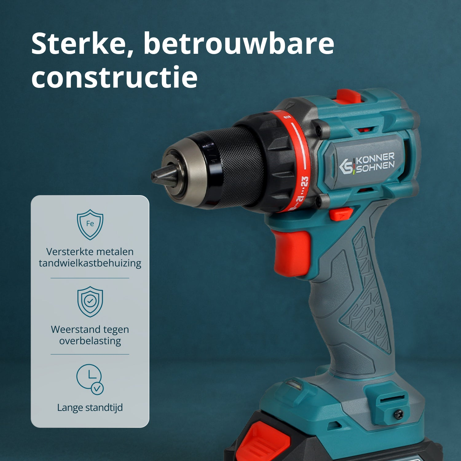 Turkusowo-szara wiertarka akumulatorowa z czarnym uchwytem jest pokazana na turkusowym tle. Tekst mówi „Mocna, niezawodna konstrukcja”.