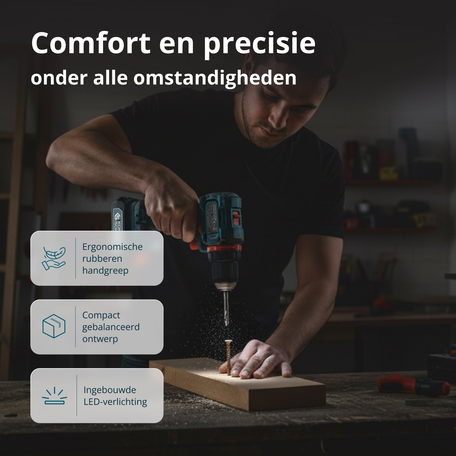 Mężczyzna wkręca śrubę w drewnianą deskę. Tekst podkreśla ergonomiczny gumowy uchwyt, kompaktową konstrukcję i oświetlenie LED.