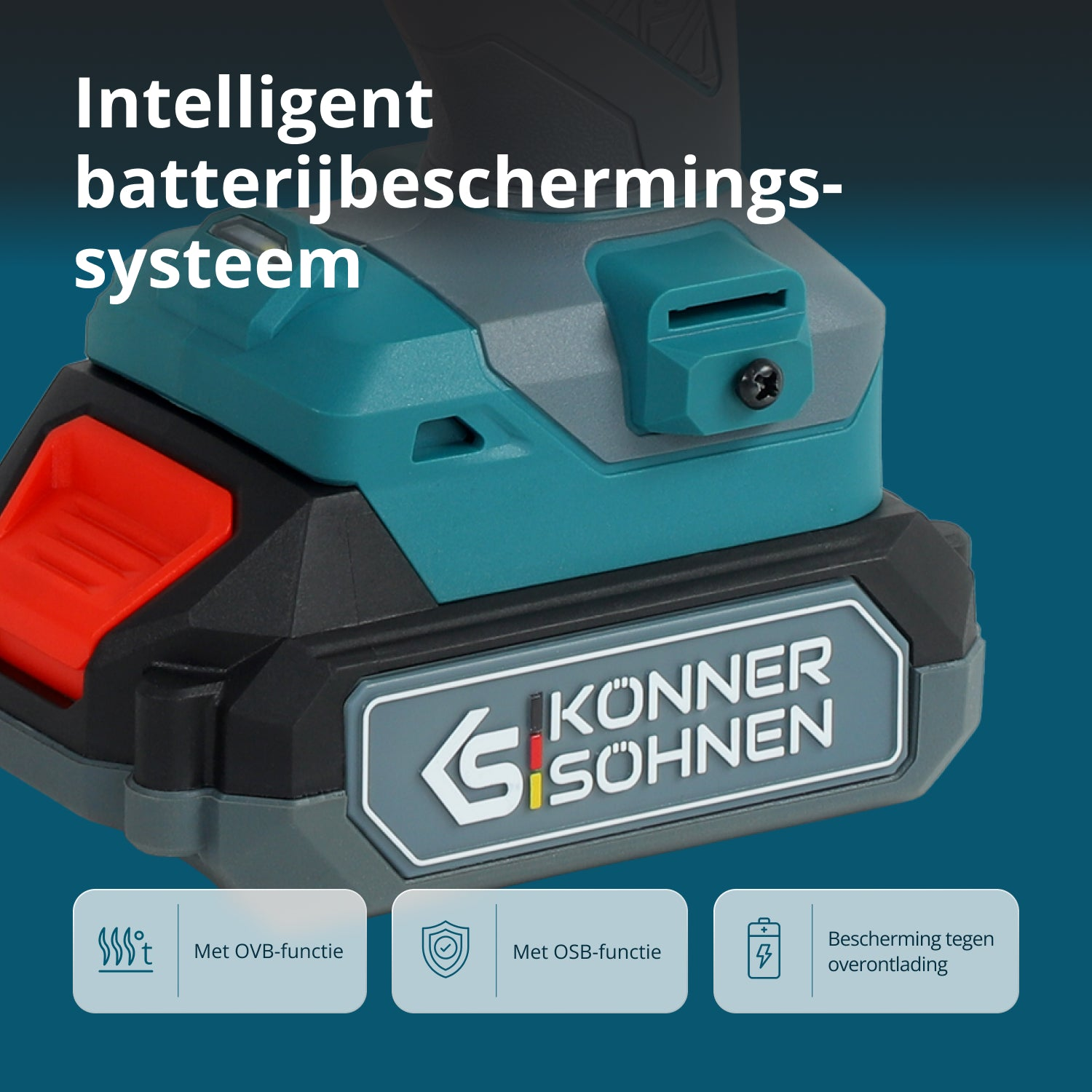Zbliżenie na turkusowo-czarne elektronarzędzie z tekstem o ochronie baterii. Biały tekst i ikony na niebieskim tle.