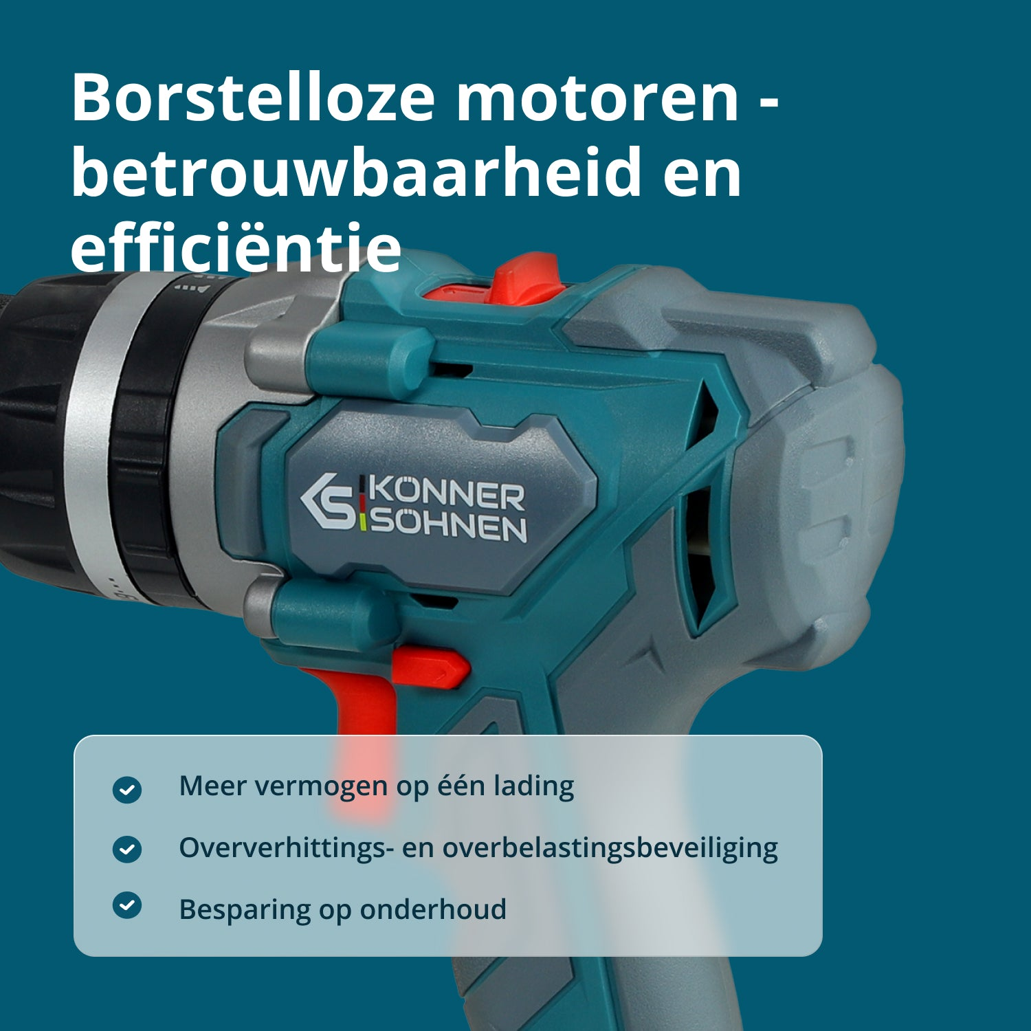 Zielono-szara wiertarka z czerwonym przyciskiem. Tekst: „Borstelloze motoren - betrouwbaarheid en efficientie” oraz wypunktowania cech wiertarki.