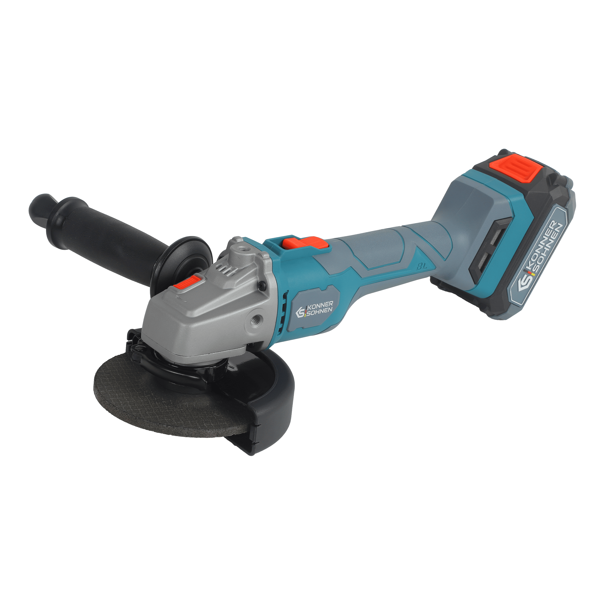 Szlifierka kątowa z czarnym uchwytem, szarym i turkusowym korpusem oraz czarną tarczą szlifierską.