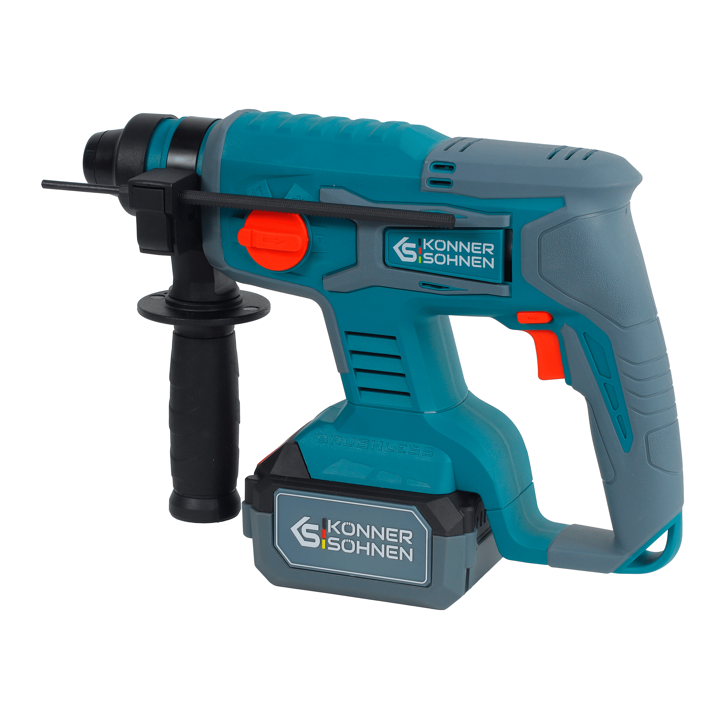 Turkusowa i szara wiertarka akumulatorowa. Ma pomarańczowy przycisk i uchwyt. Tło jest zielone.