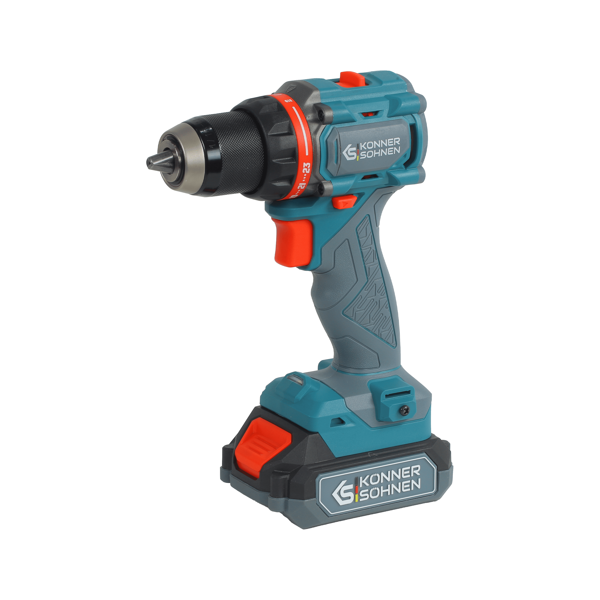 Zielono-szara wiertarka akumulatorowa z czerwonymi akcentami. Jest na zielonym tle. Marka to Konner & Sohnen.