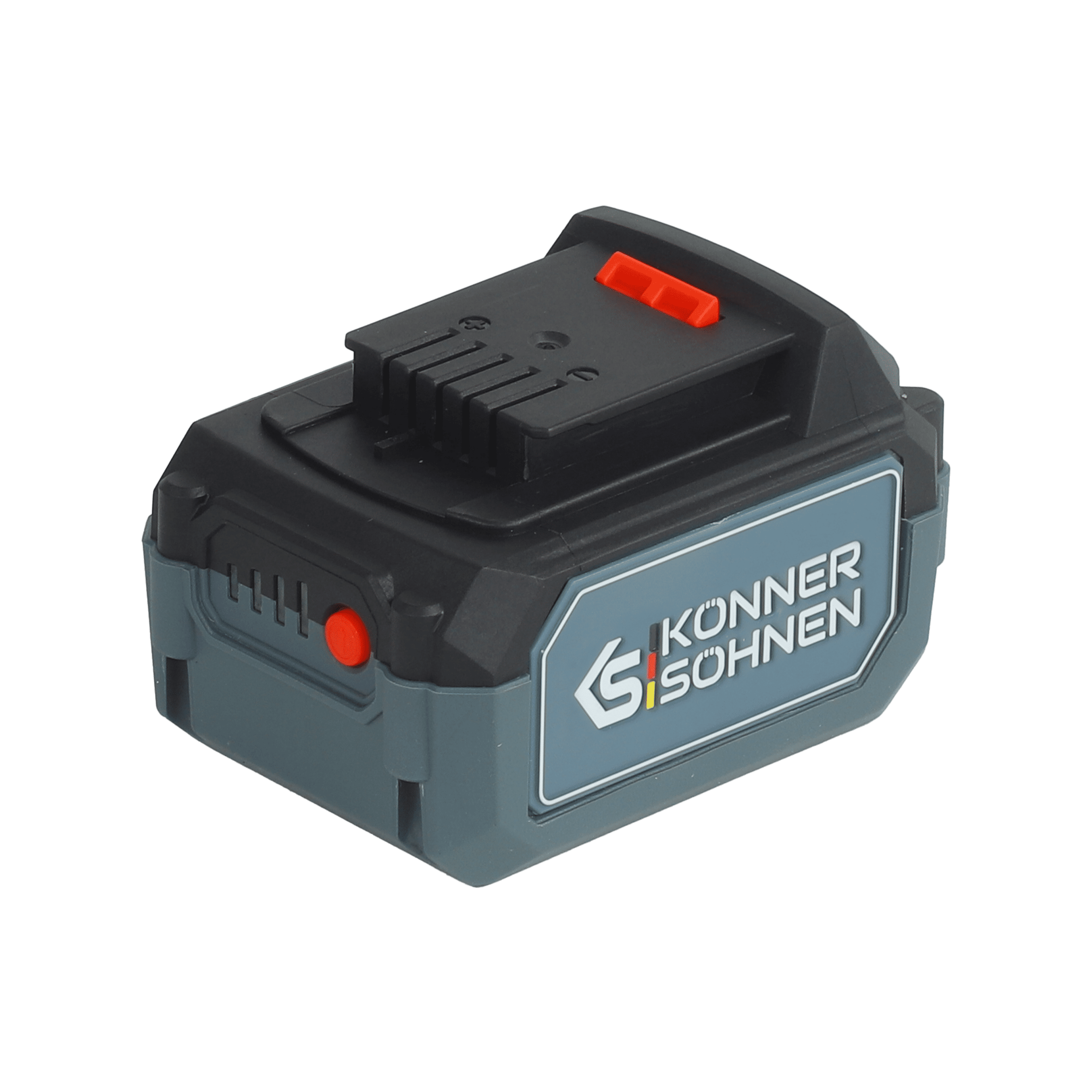 Czarny i szary akumulator Konner & Sohnen z czerwonym przyciskiem i dźwignią na zielonym tle.