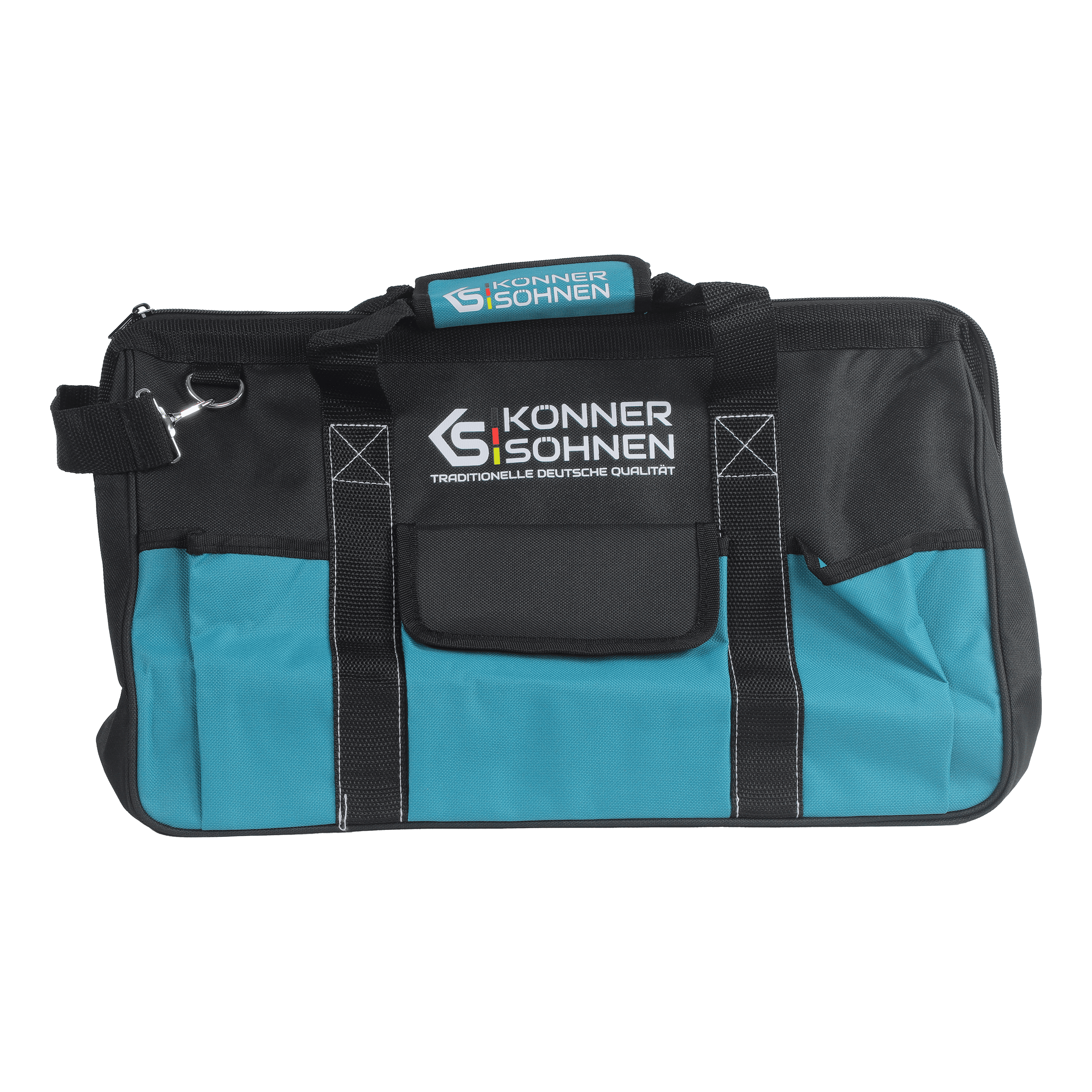 Czarna i turkusowa torba na narzędzia KONNER SÖHNEN z logo i tekstem na zielonym tle.