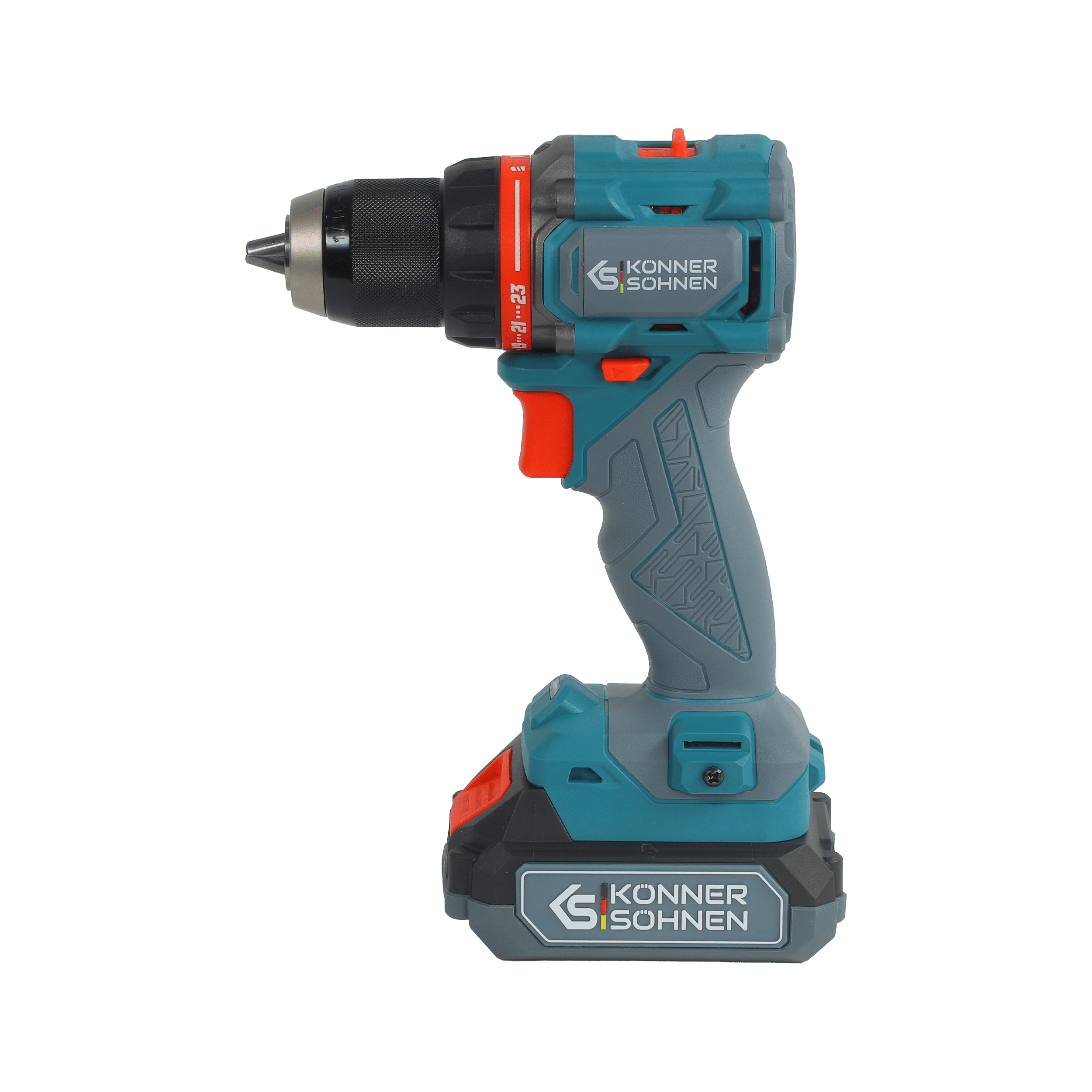 Wiertarko-wkrętarka akumulatorowa z obudową w kolorze niebiesko-szarym, czerwonymi akcentami i czarnym uchwytem. Widoczne logo marki. Zielone tło.