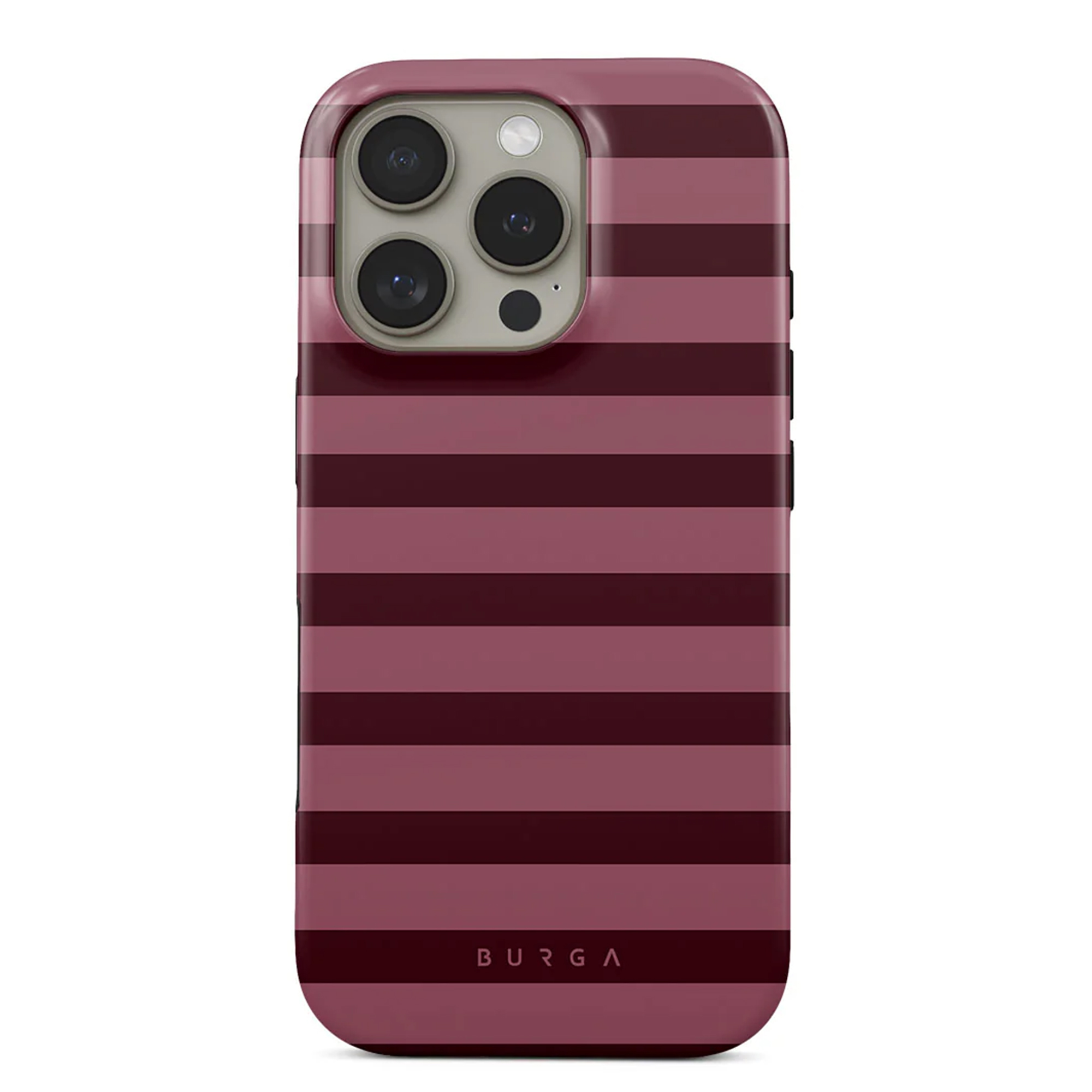 Une coque de téléphone à rayures horizontales dans les tons rose et marron. Le haut comporte des lentilles de caméra et la marque est en bas.