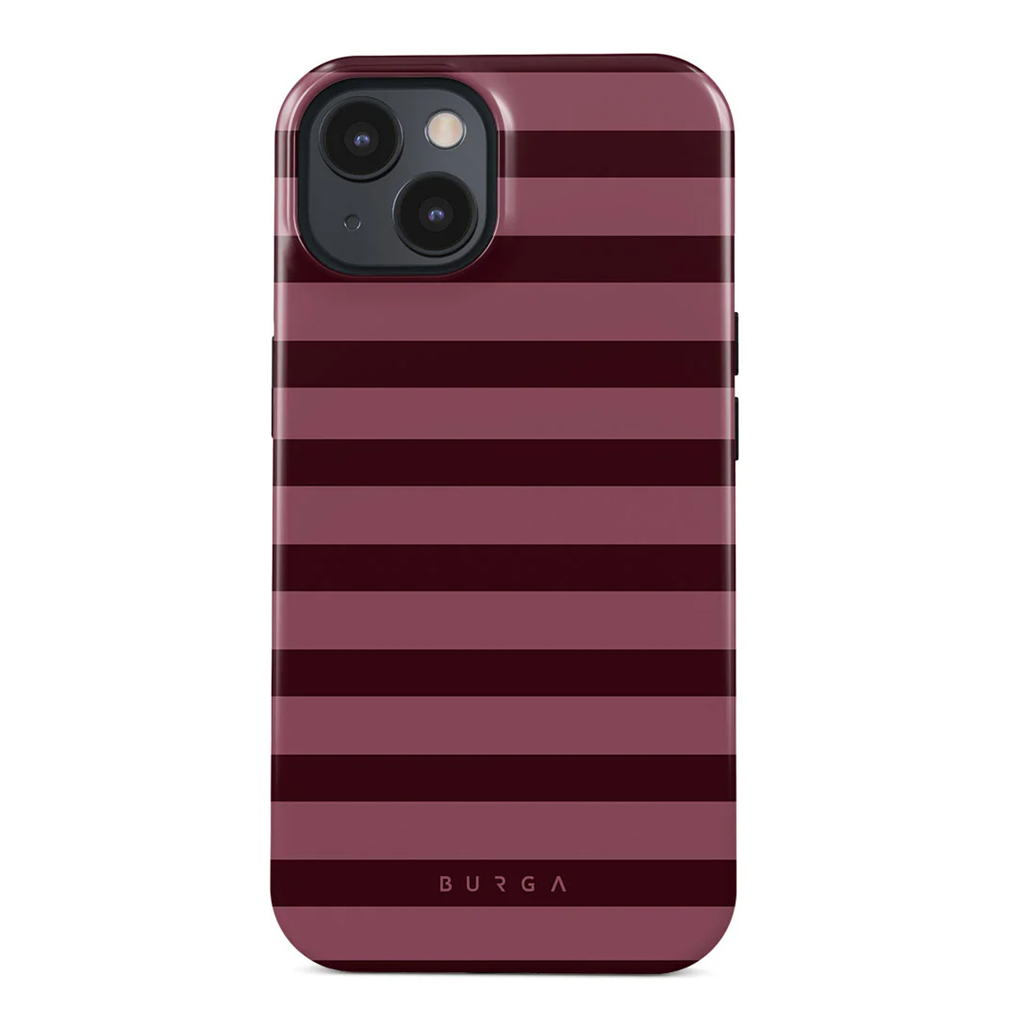Een telefoonhoesje met horizontale kastanjebruine en donker bordeauxrode strepen. Het heeft een camerabult en de merknaam BURGA staat onderaan.