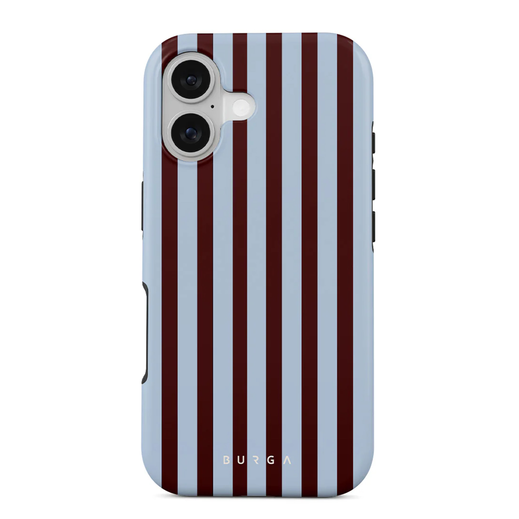 Een telefoonhoesje met verticale bordeauxrode en lichtblauwe strepen. Het heeft een camera bovenaan.