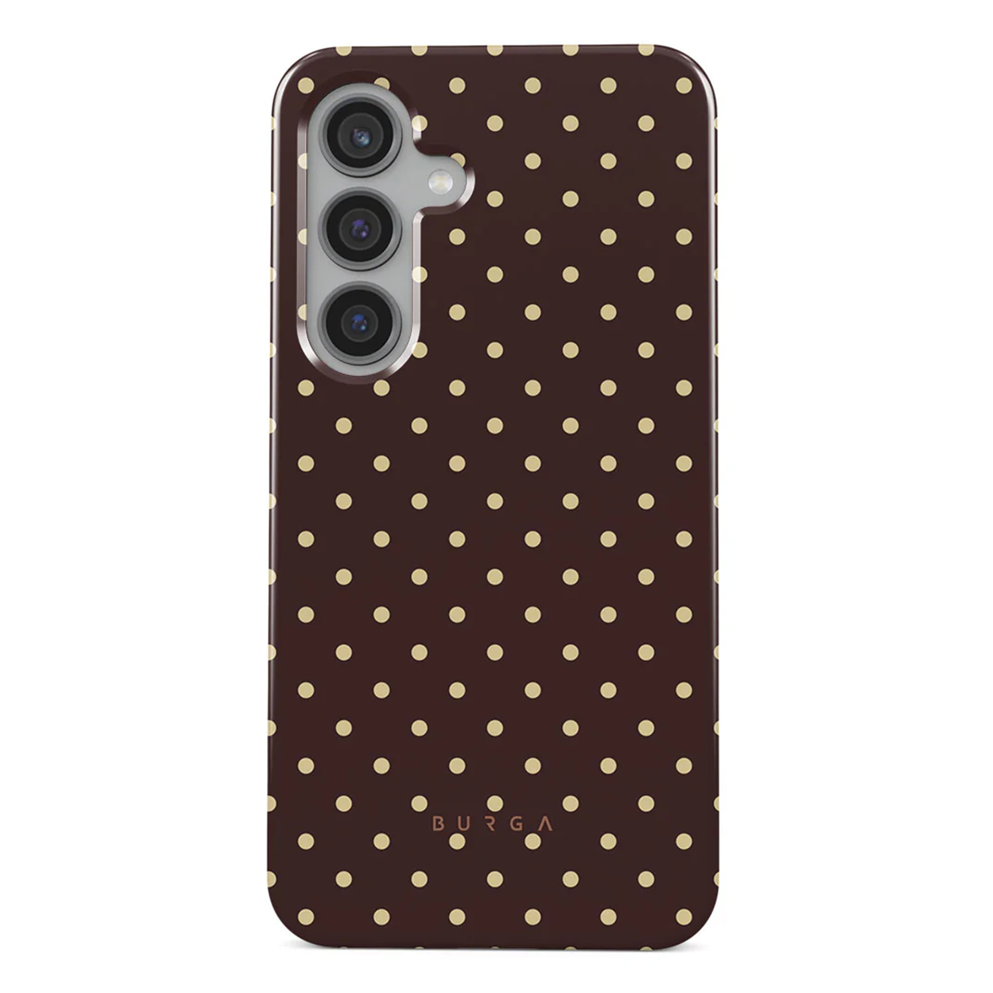 Une coque de téléphone avec un fond marron et de petits pois jaunes. Elle a une caméra et la marque BURGA est visible.