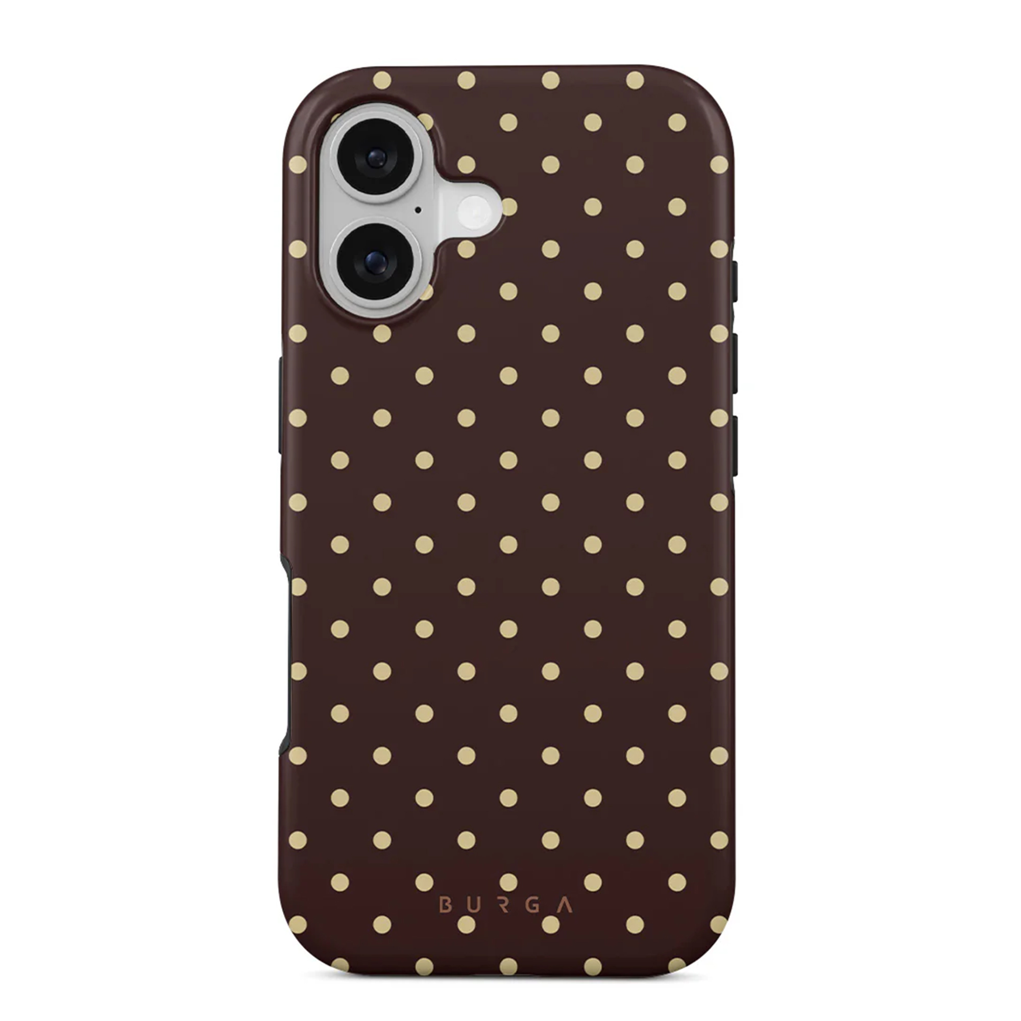 Une coque de téléphone avec un fond marron et de petits pois jaunes clairs espacés uniformément. La coque a une découpe pour l'appareil photo.