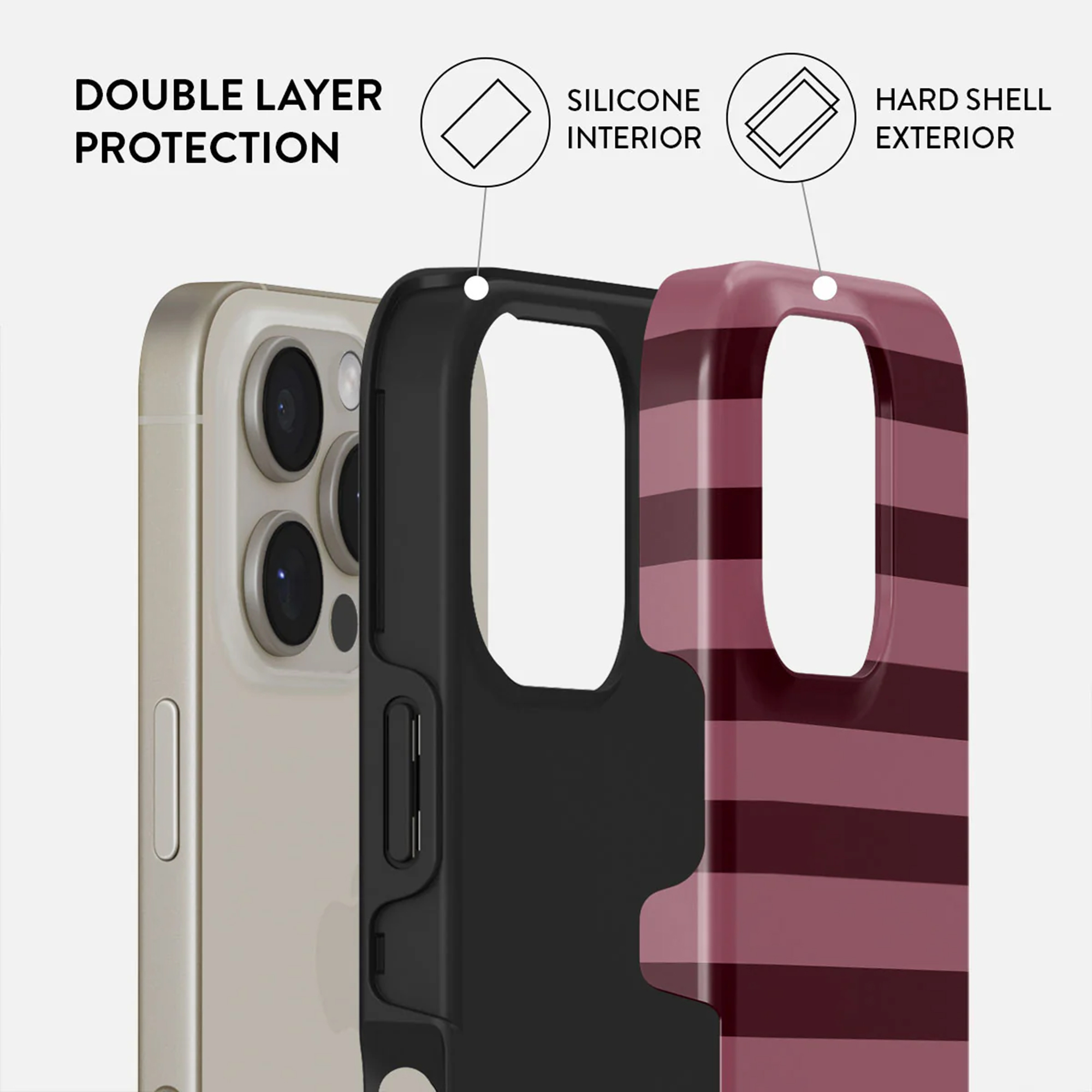 Couches d'étui de téléphone : téléphone, intérieur en silicone noir et extérieur à coque dure à rayures bordeaux. Le texte indique : Protection double couche.