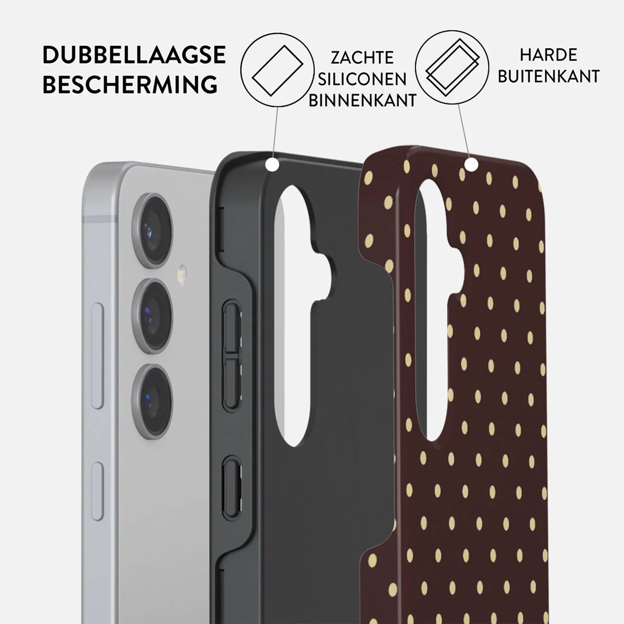 Téléphone avec étui de protection. L'étui a des couches intérieure souple et extérieure dure. Marron avec pois jaunes.
