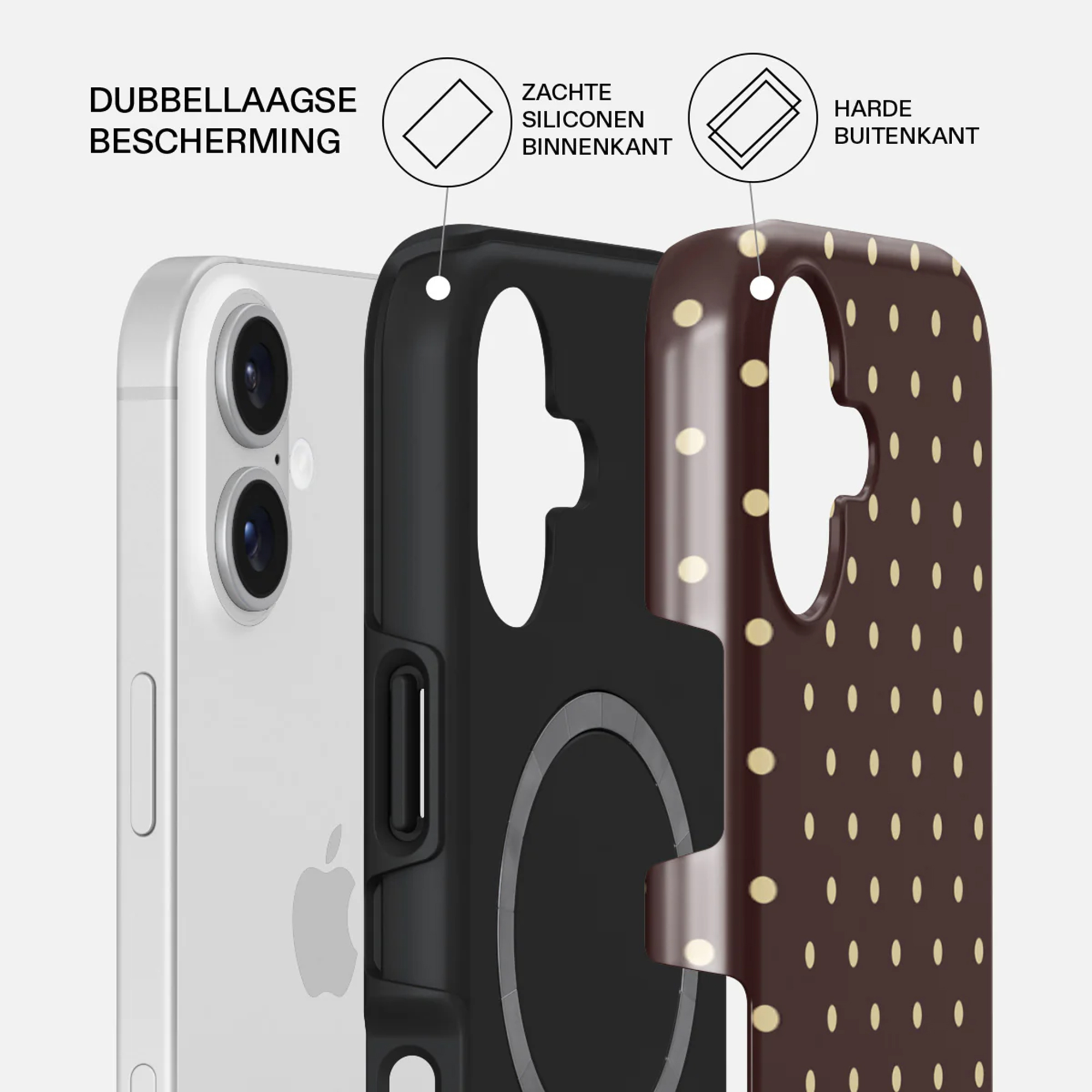 Coque de téléphone montrant des couches. Téléphone blanc, couche intérieure noire et couche extérieure marron à pois dorés.