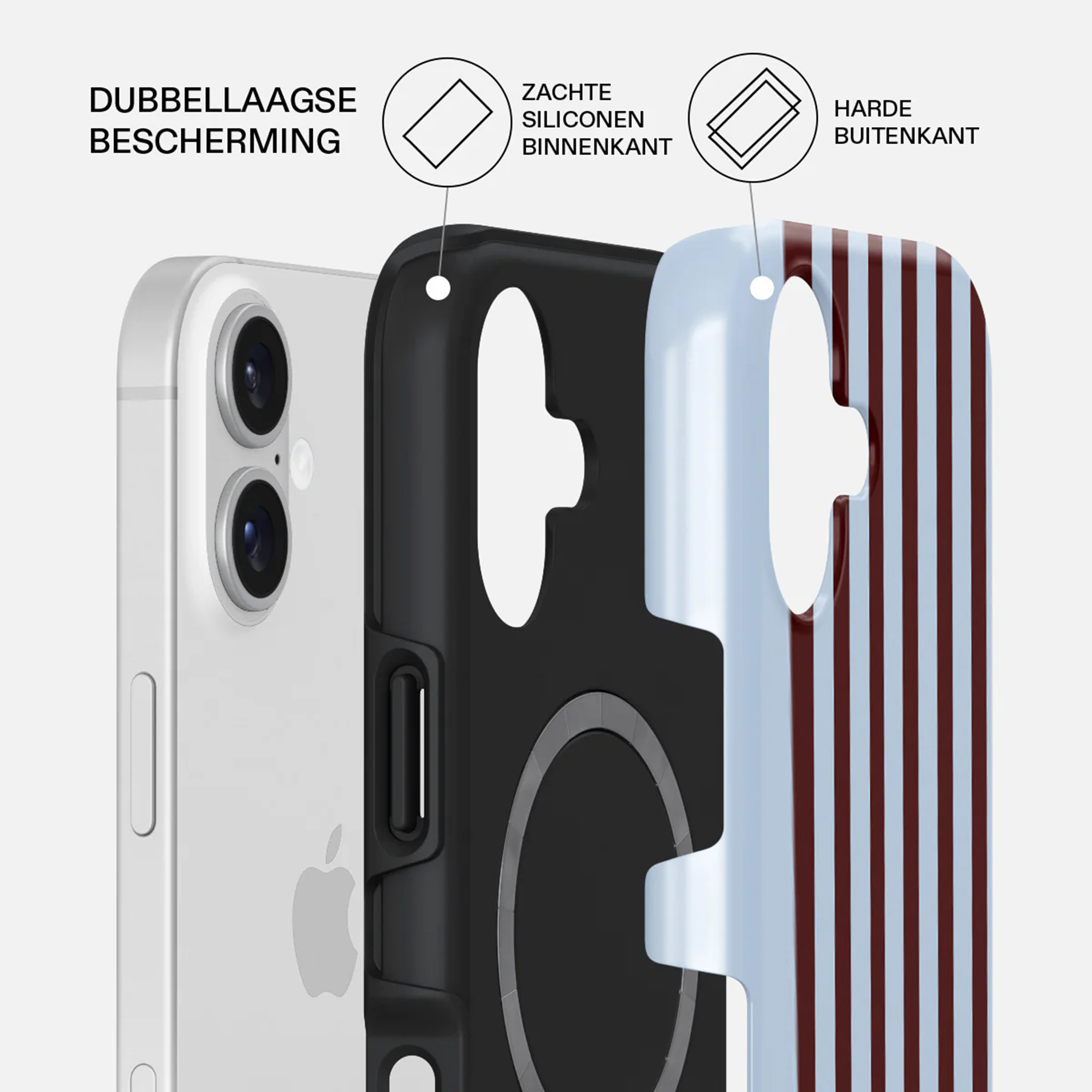 Telefoonhoesje met lagen. Witte telefoon links, zwarte middenlaag en gestreepte achterkant.
