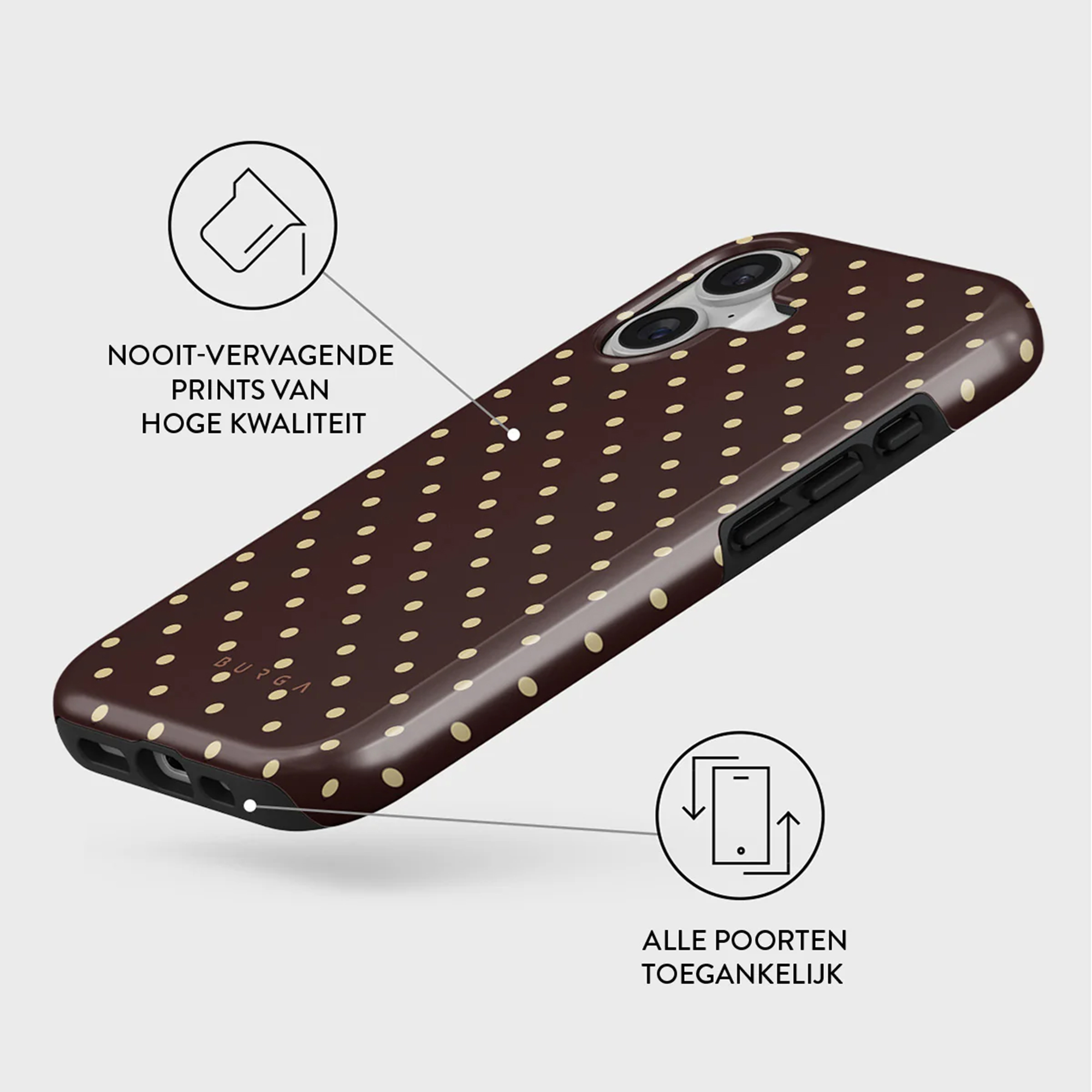Une coque de téléphone avec un fond marron et des pois dorés. Elle a une découpe pour l'appareil photo et la marque BURGA est visible.