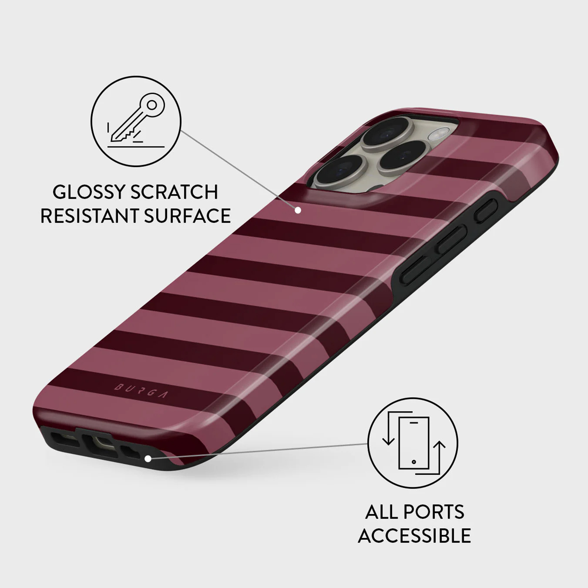 Une coque de téléphone à rayures bordeaux est inclinée. Elle a une finition brillante. La coque est étiquetée avec 'BURGA'.