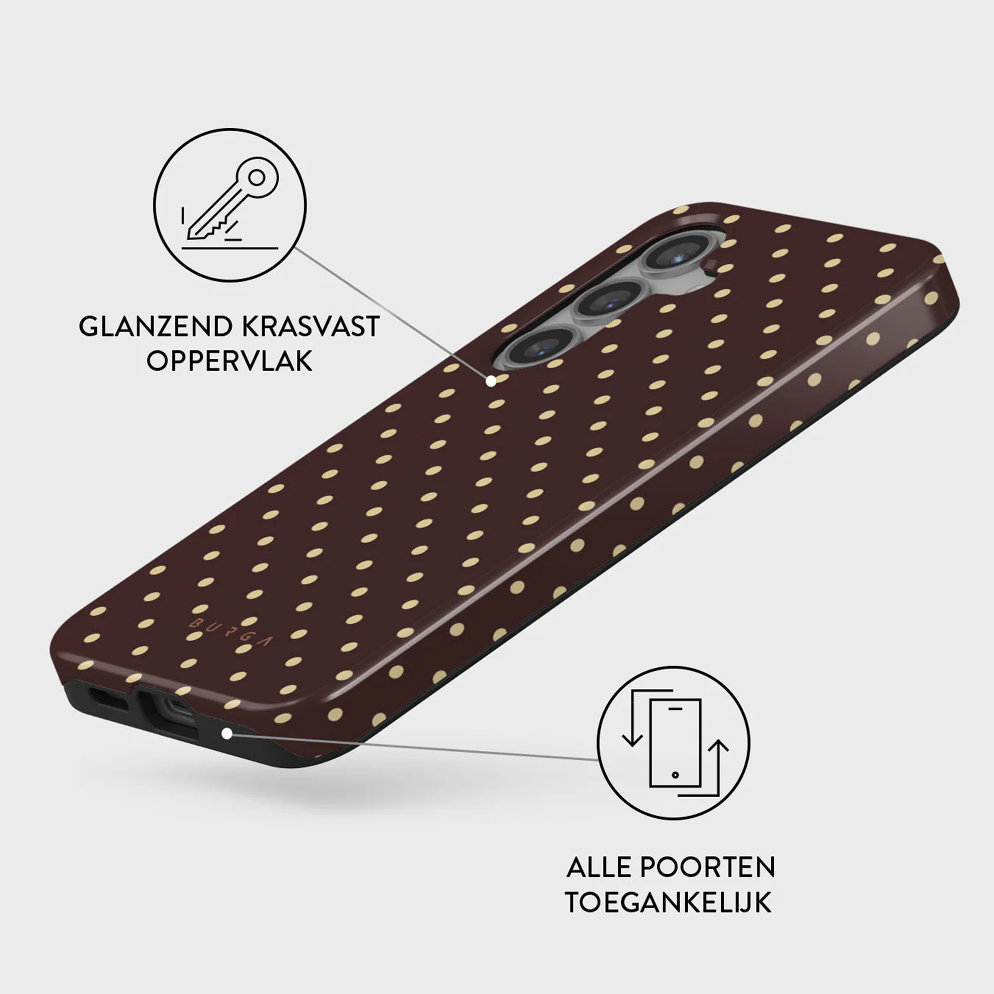 Une coque de téléphone avec un motif à pois marron. Elle possède trois lentilles de caméra. Le texte inclut 'Glanzend Krasvast Oppervlak'.