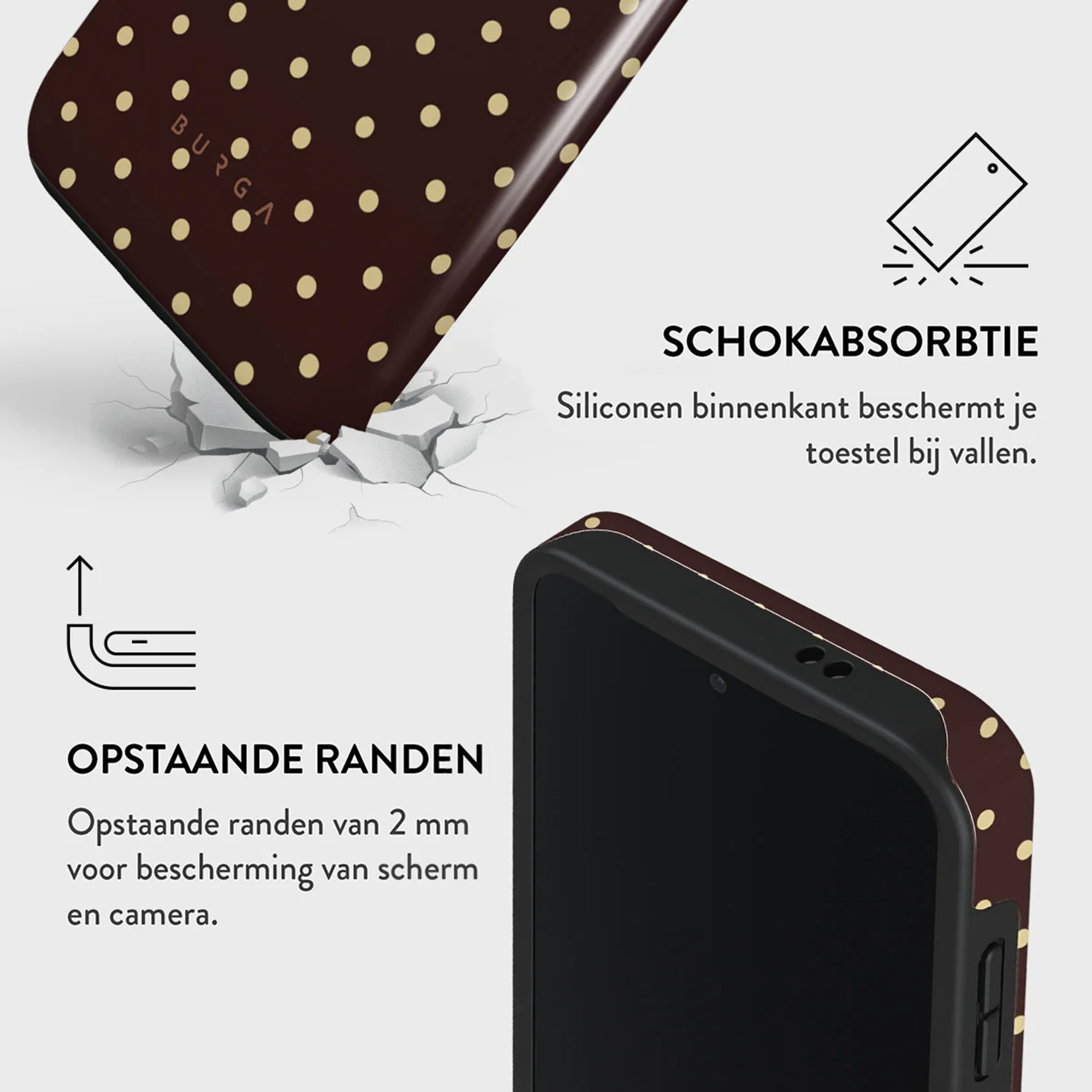Un étui de téléphone avec un motif à pois marron est présenté, avec un téléphone à l'intérieur. Le texte montre les caractéristiques.