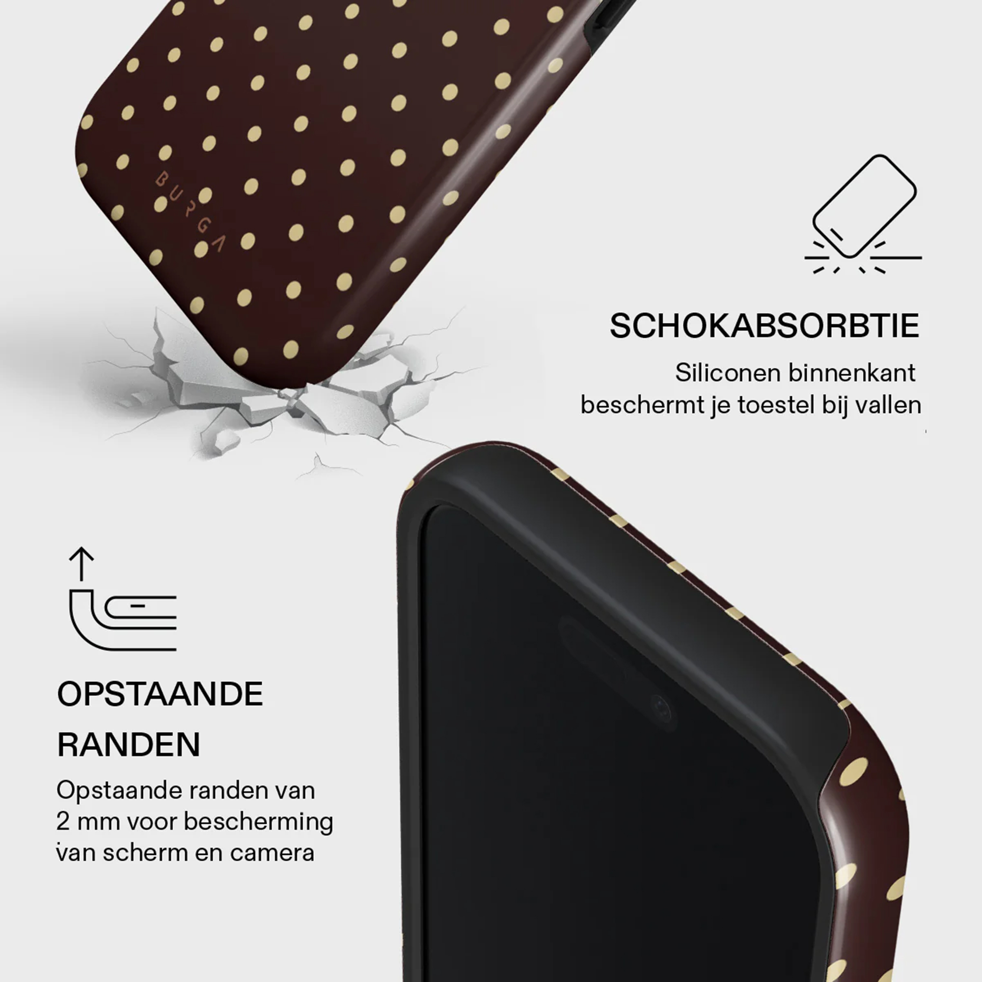 Une coque de téléphone à pois brise une surface. Le texte décrit l'absorption des chocs et les bords surélevés.