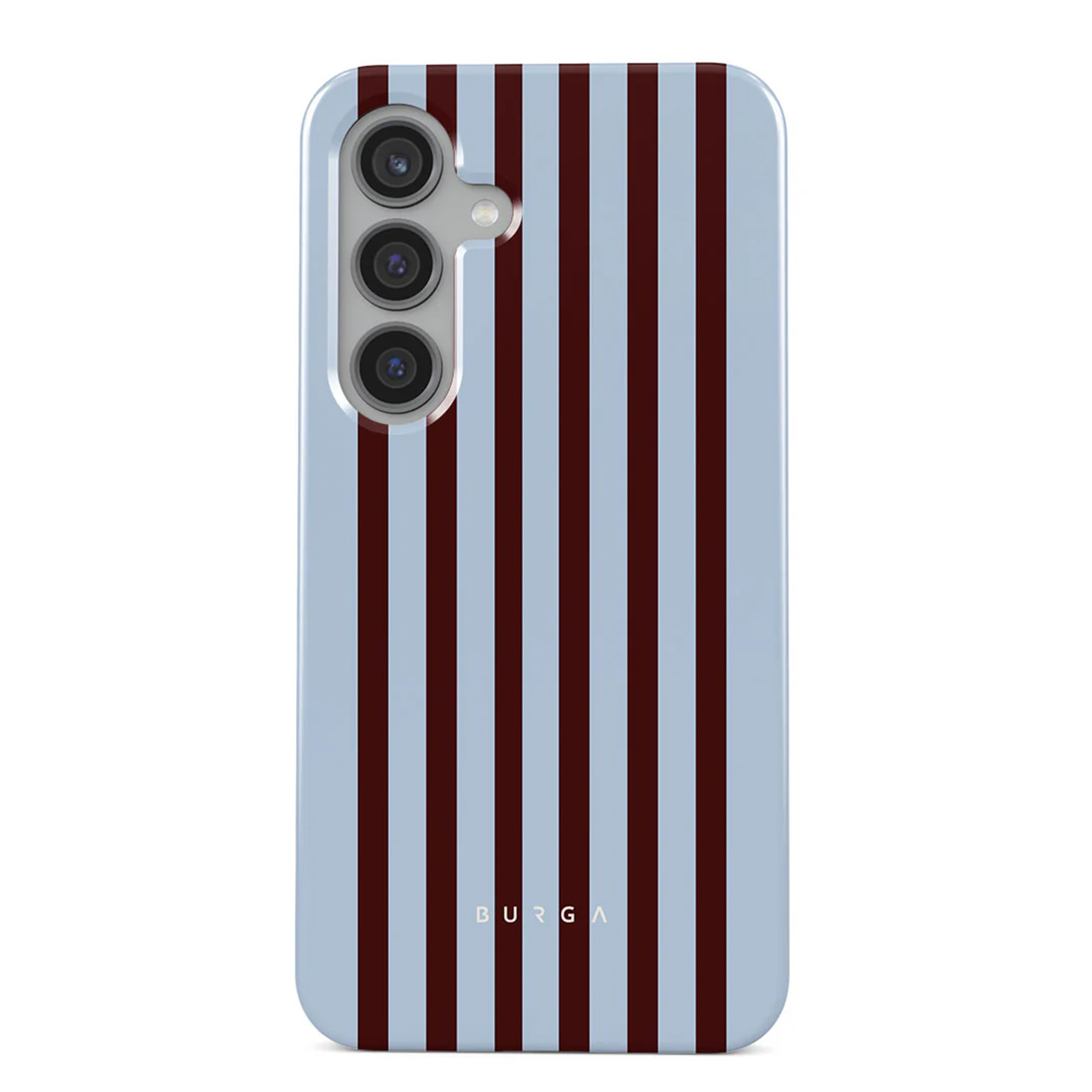 Une coque de téléphone avec un motif rayé vertical bordeaux et bleu clair. Elle possède trois objectifs.
