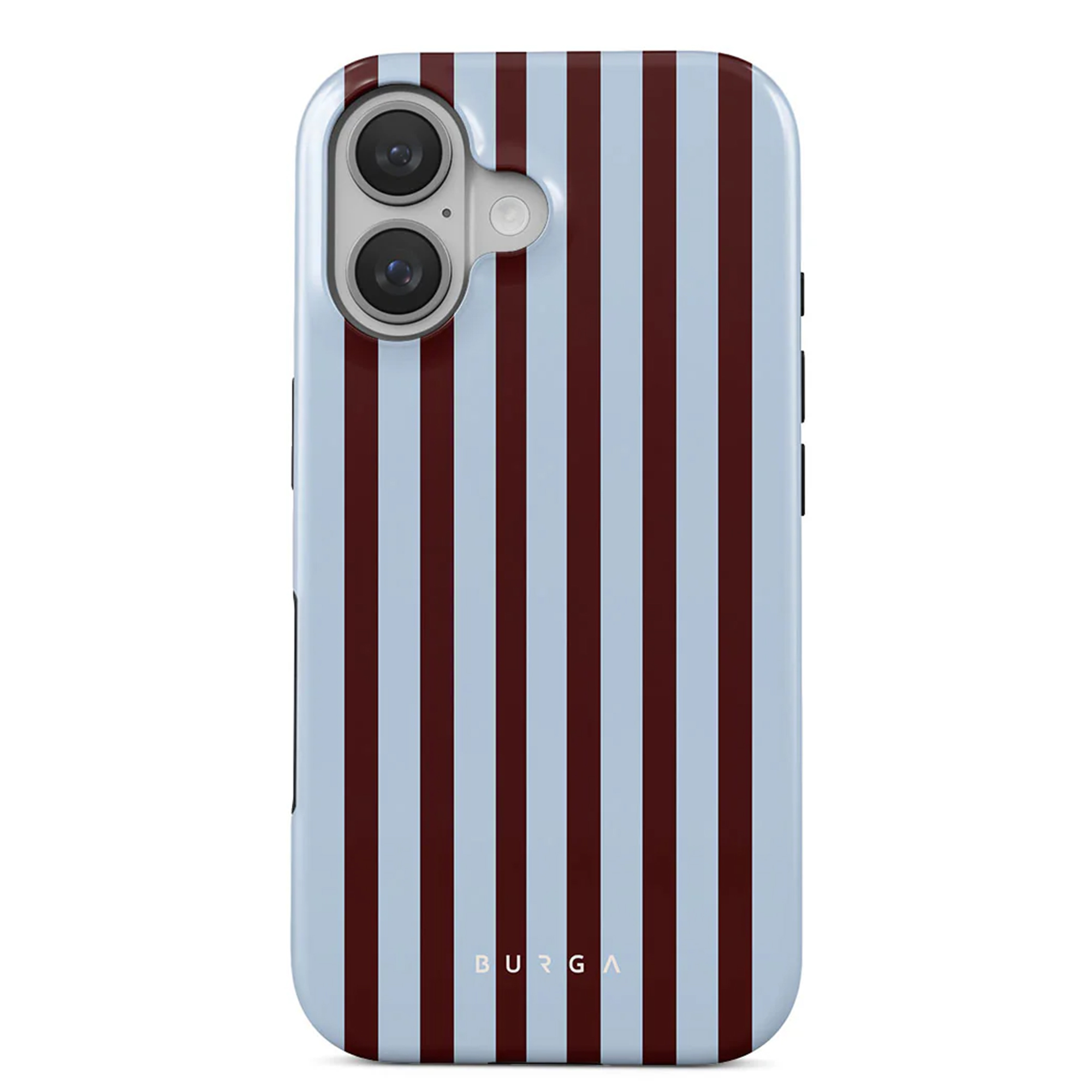 Une coque de téléphone avec un motif à rayures bleu clair et bordeaux. La coque a deux lentilles de caméra en haut.