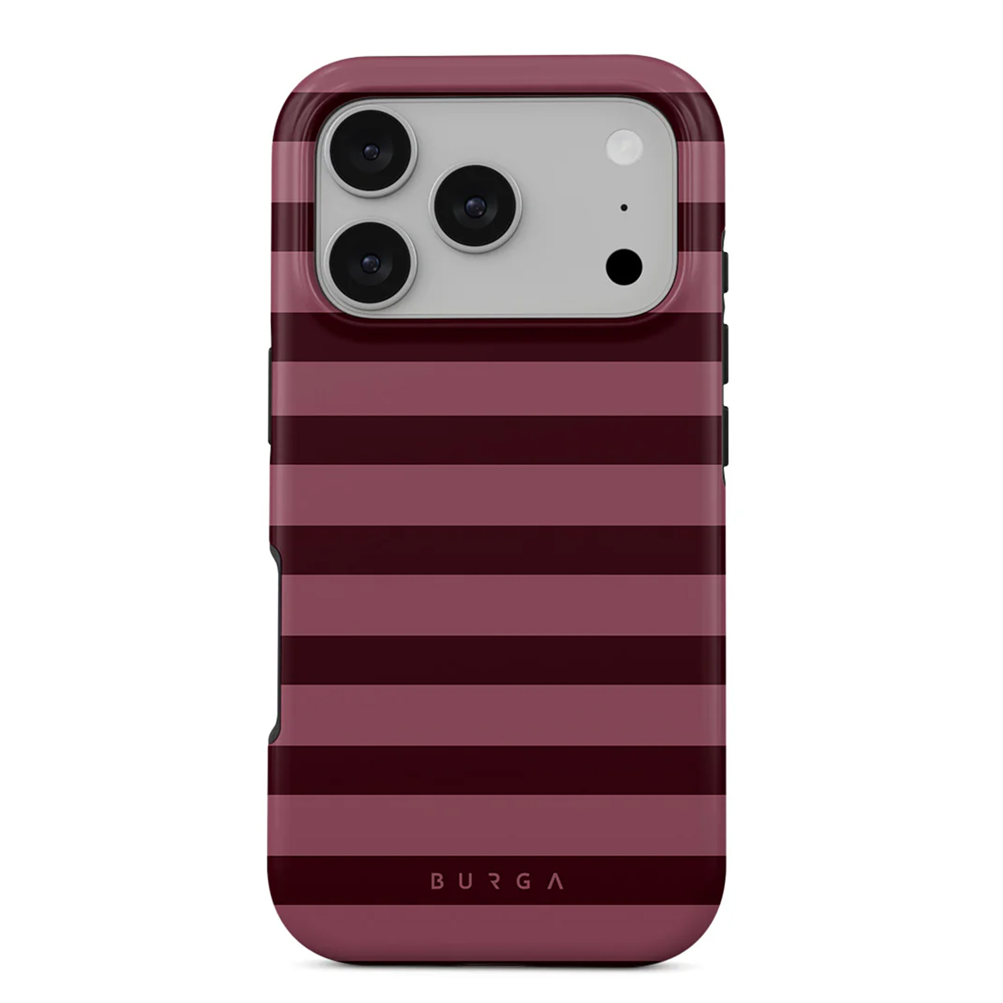 Een telefoonhoesje met horizontale bordeauxrode strepen, met drie cameralenzen en de merknaam BURGA.