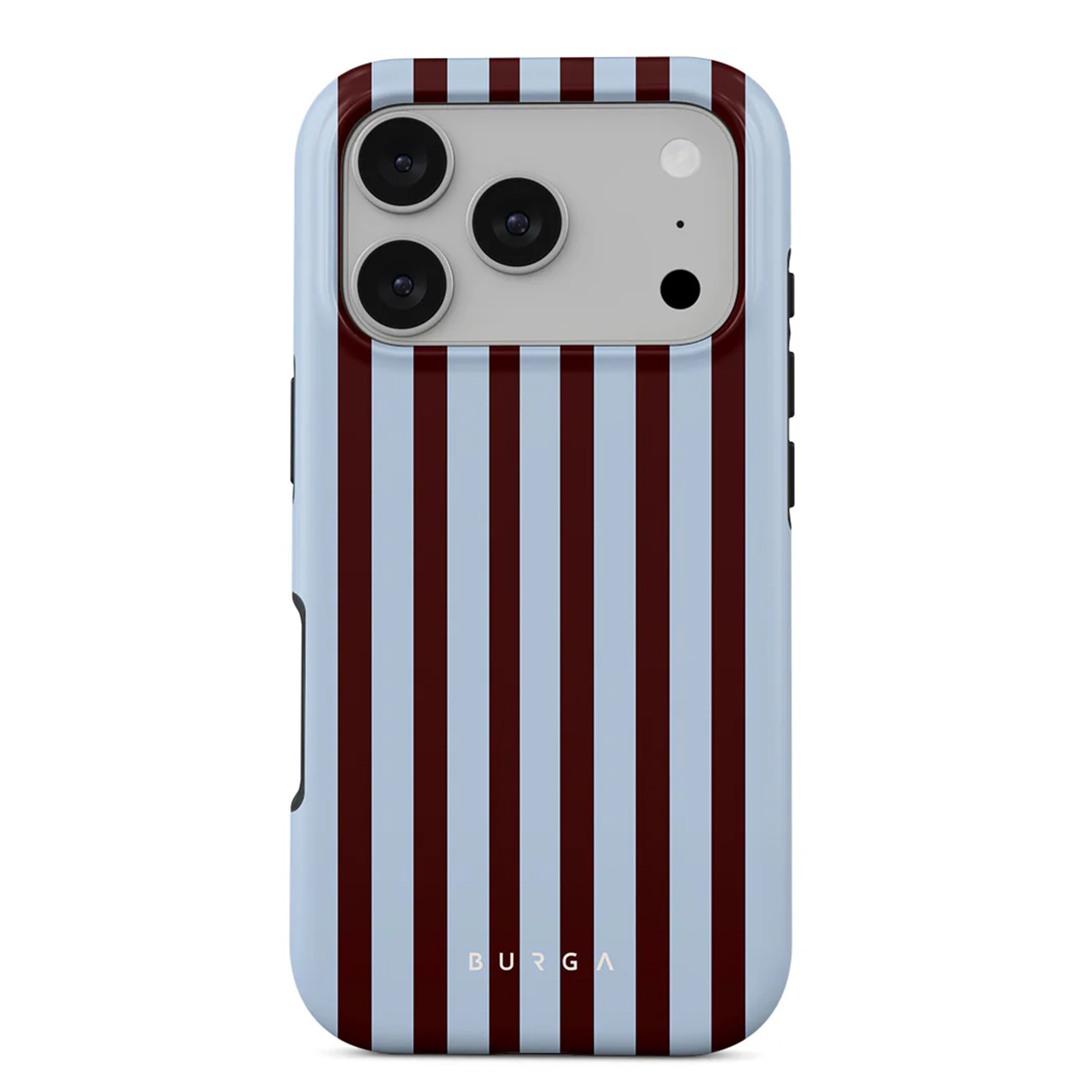 Telefoonhoesje met afwisselende bordeauxrode en lichtblauwe verticale strepen. Drie cameralenzen zijn zichtbaar bovenaan.