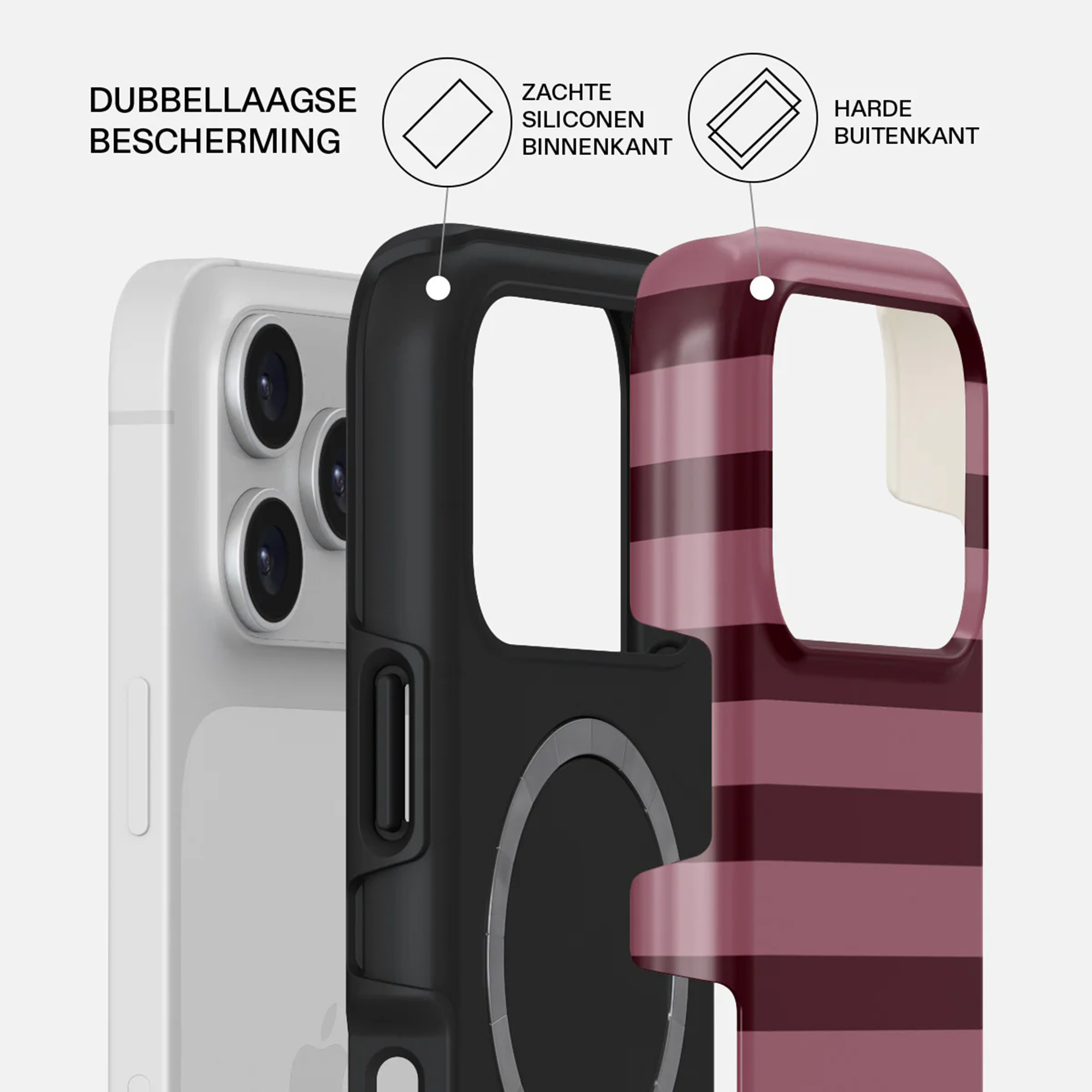 Telefoonhoesje met dubbellaagse bescherming. Zwart, bordeaux gestreept en wit zijn zichtbaar.