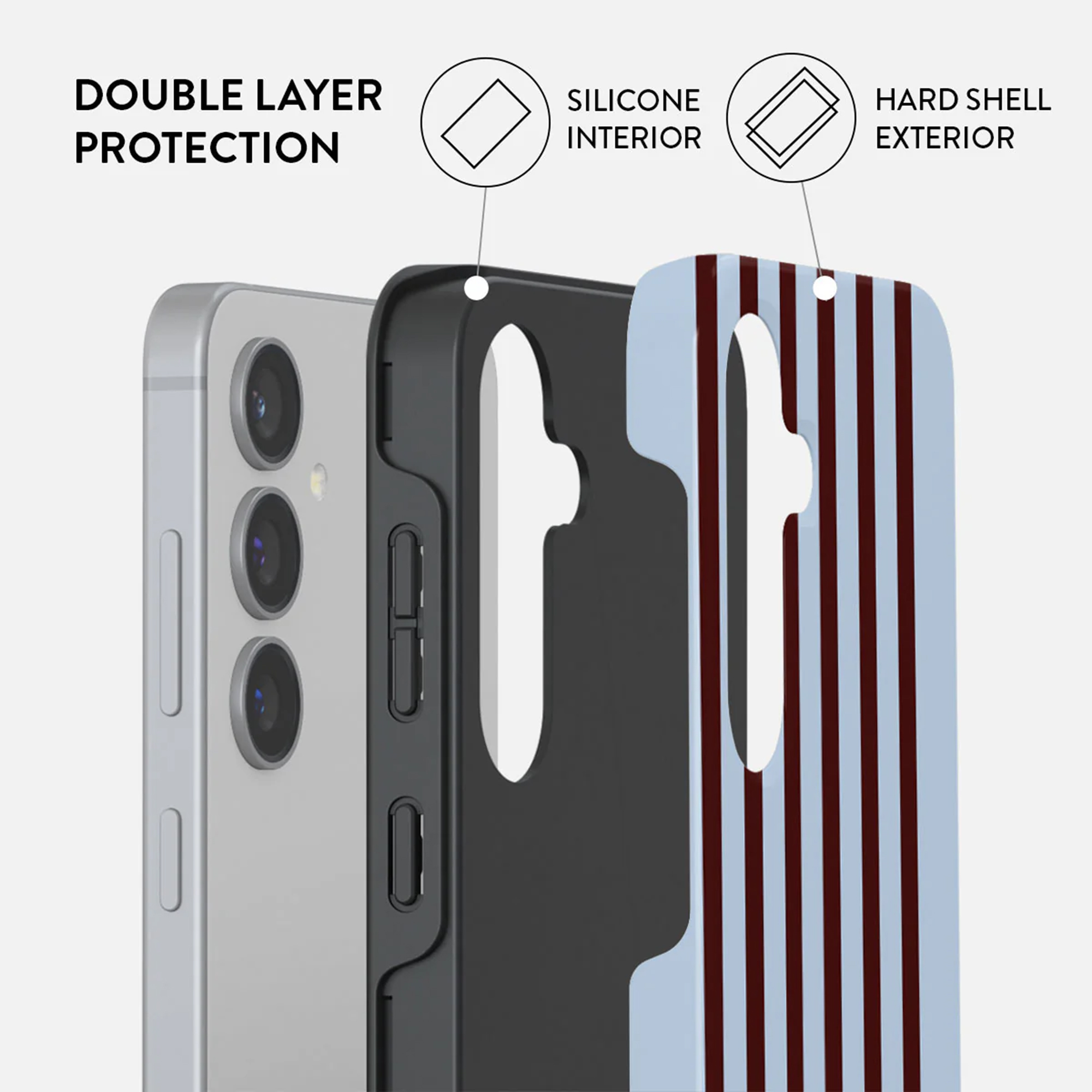 Téléphone avec couches de coque : téléphone, intérieur en silicone noir et extérieur rayé. Texte : Protection double couche.