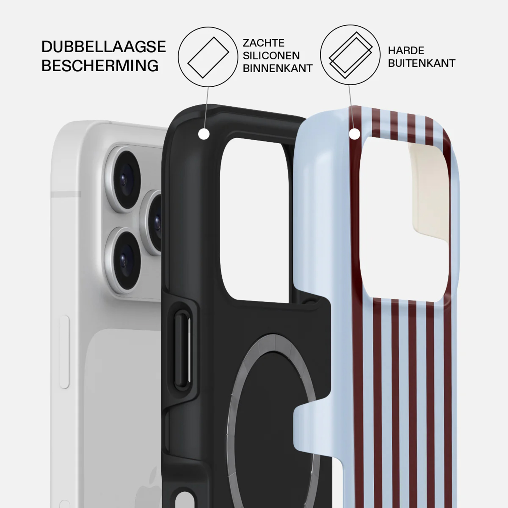 Telefoonhoesje met dubbellaagse bescherming. Het ontwerp toont een iPhone in een hoesje met gestreepte buitenkant en zwarte binnenkant.
