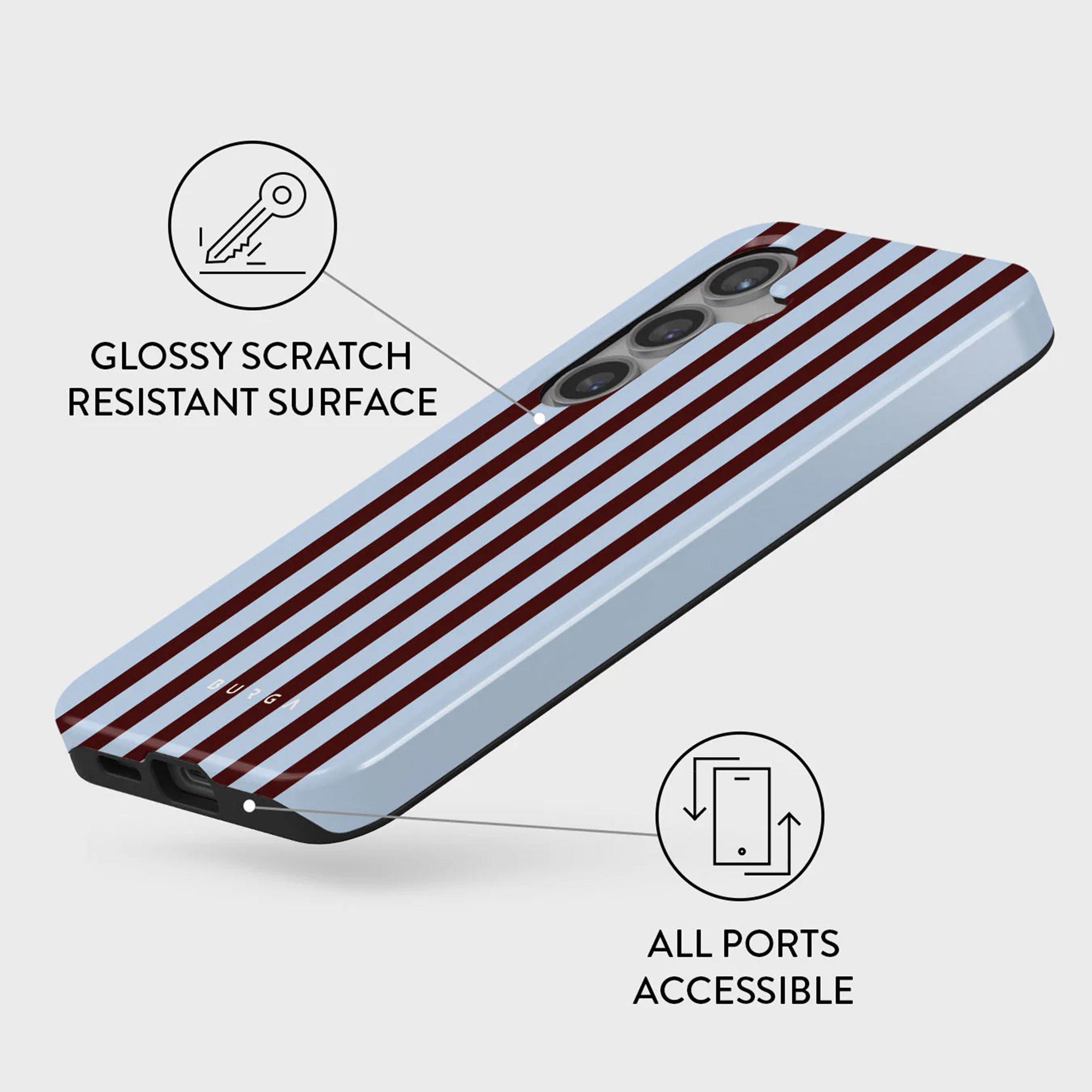 Une coque de téléphone à rayures rouges sur fond bleu clair. Des étiquettes indiquent brillant et ports accessibles.