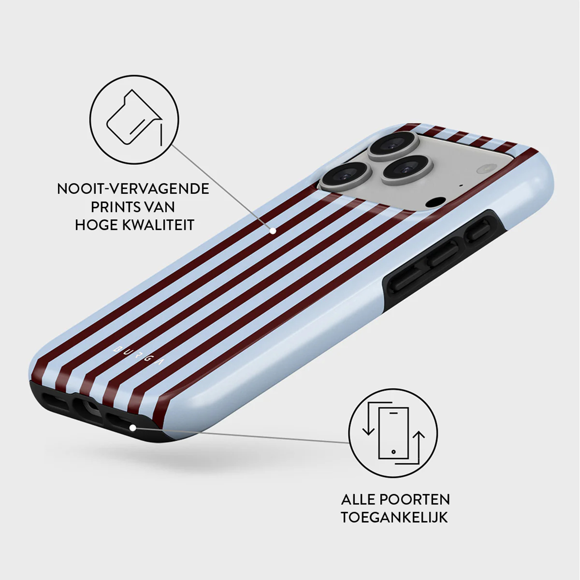 Een telefoonhoesje met blauwe en bordeauxrode strepen. Het heeft drie cameralenzen en zwarte zijknoppen. Nederlandse tekst is zichtbaar.