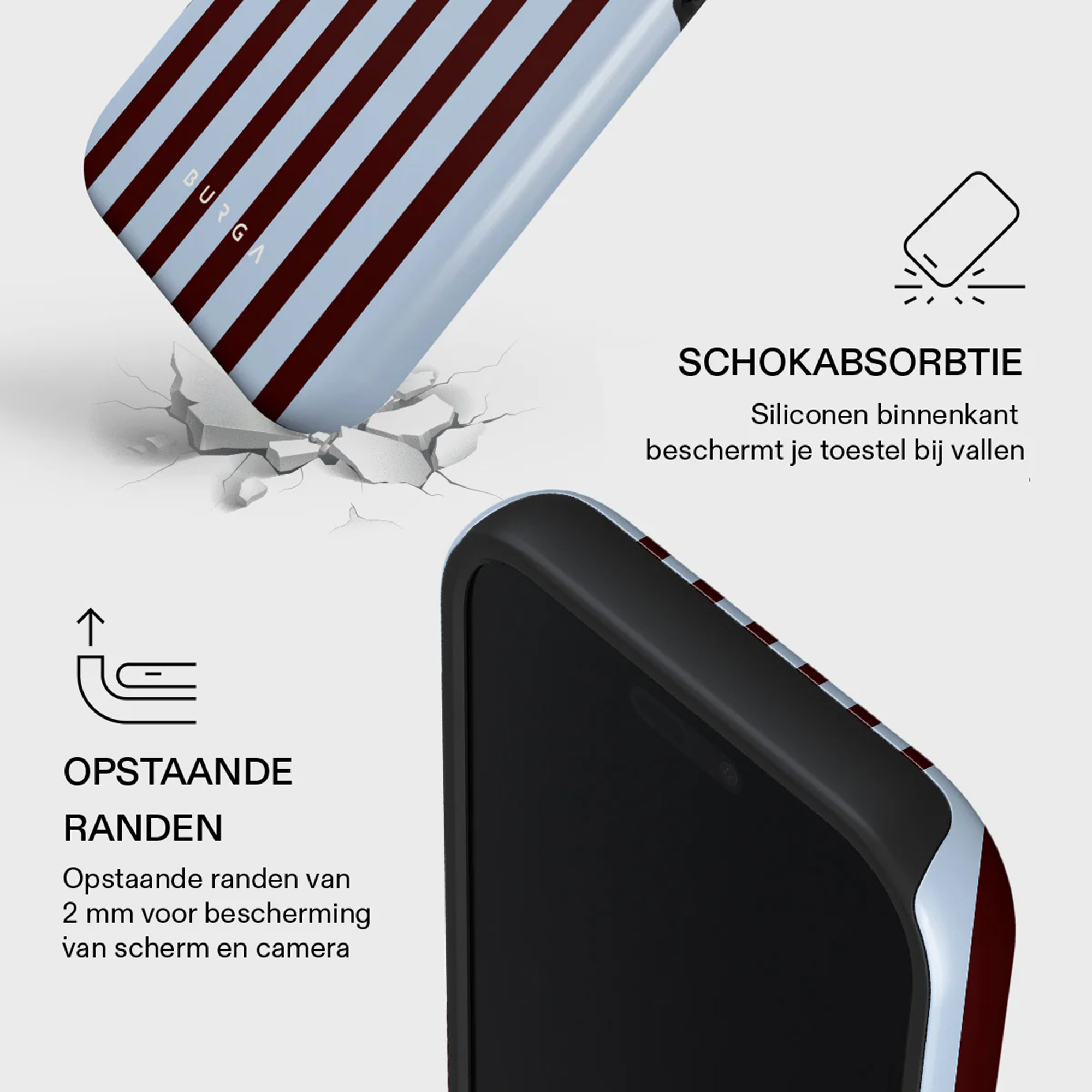 Telefoonhoesje met blauwe en bordeauxrode strepen. Het staat naast een telefoon. Tekst geeft schokabsorptie en verhoogde randen aan.