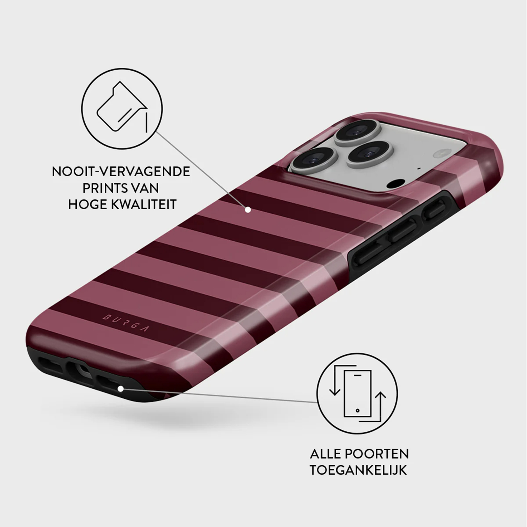 Telefoonhoesje met bordeauxrode strepen. Tekst: 'nooit-vervagende prints van hoge kwaliteit' en 'alle poorten toegankelijk'.