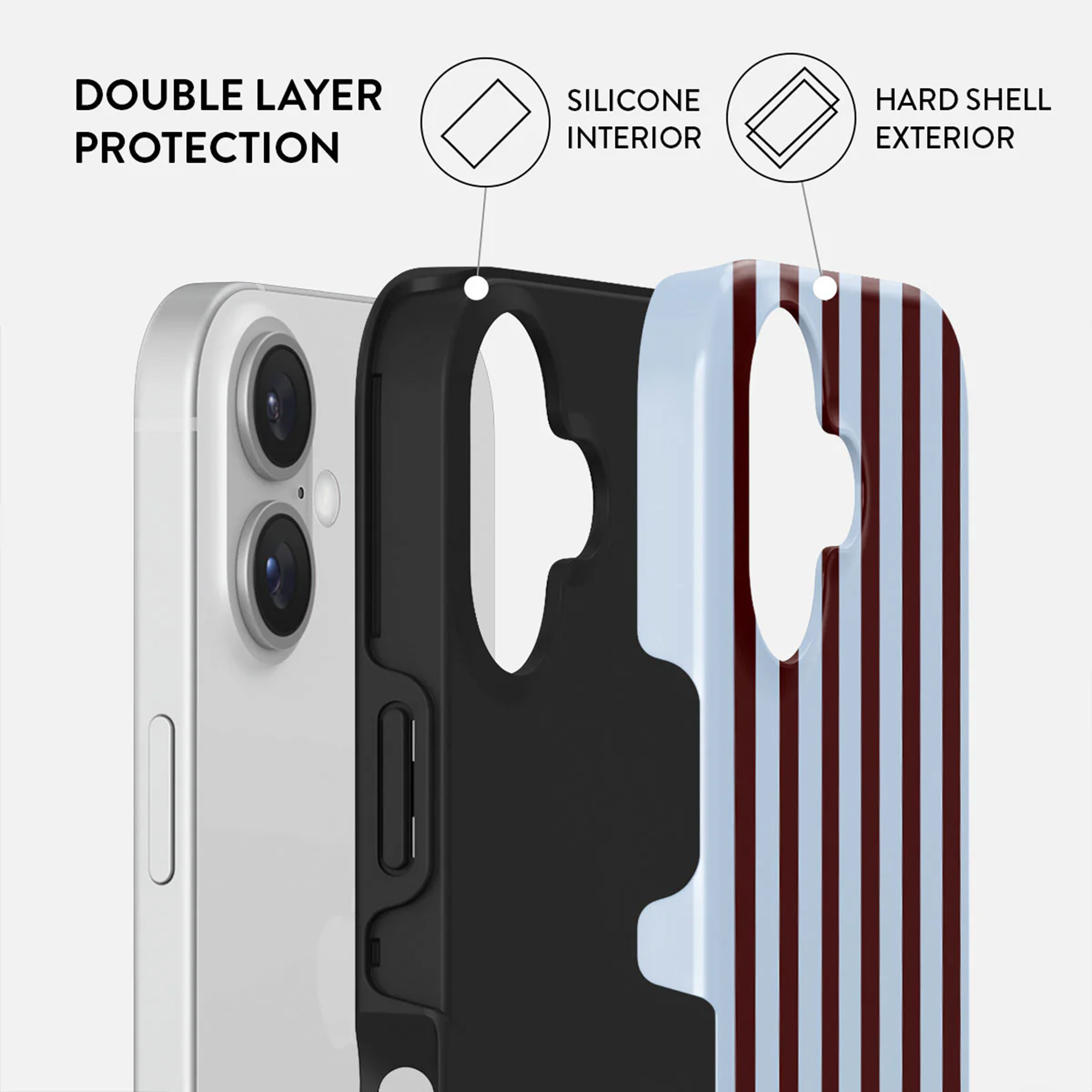 Téléphone avec étui. L'étui a un intérieur en silicone et un extérieur rigide. Une protection double couche est annoncée.