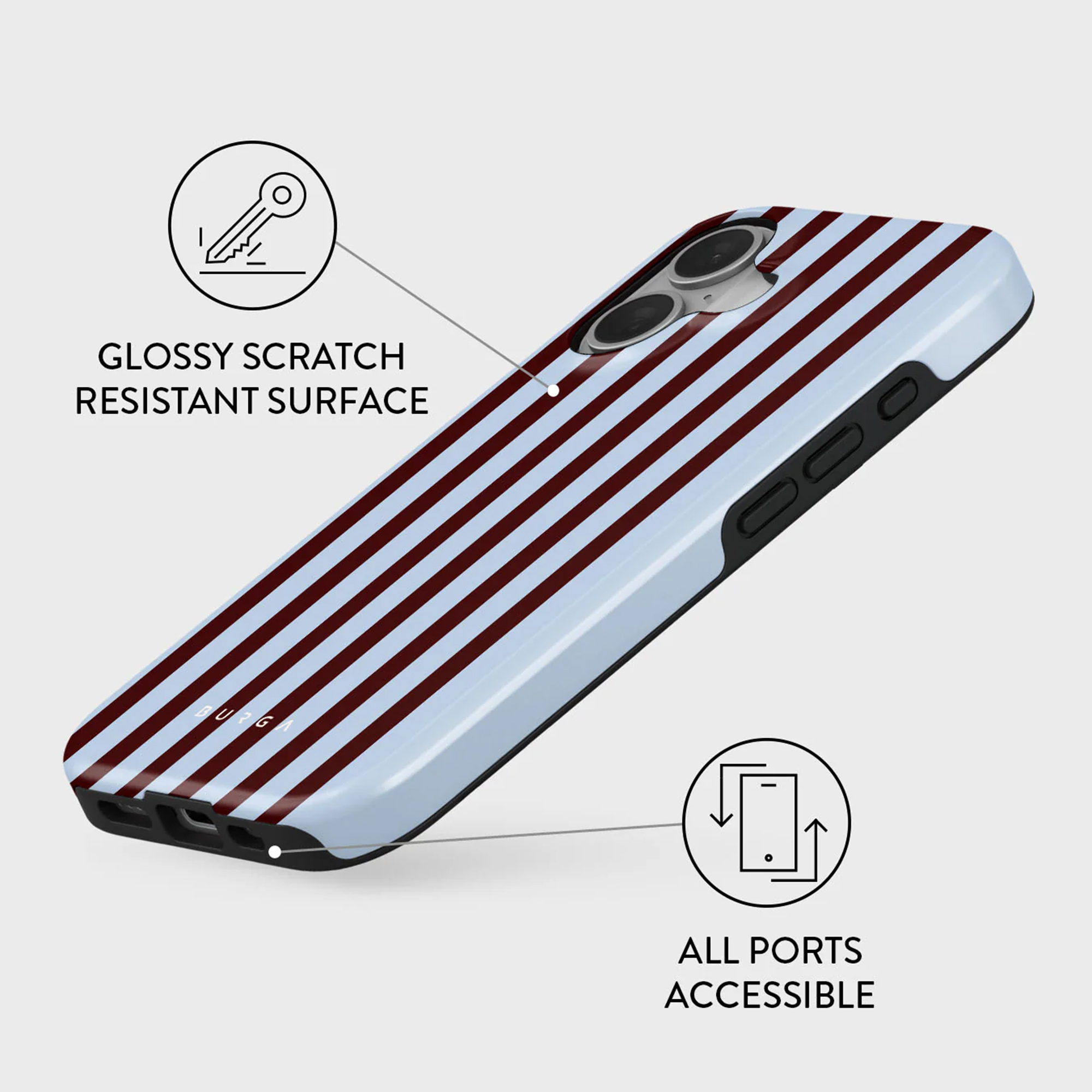 Une coque de téléphone à rayures blanches et bordeaux. Le texte dit 'Glossy Scratch Resistant Surface' et 'All Ports Accessible'.