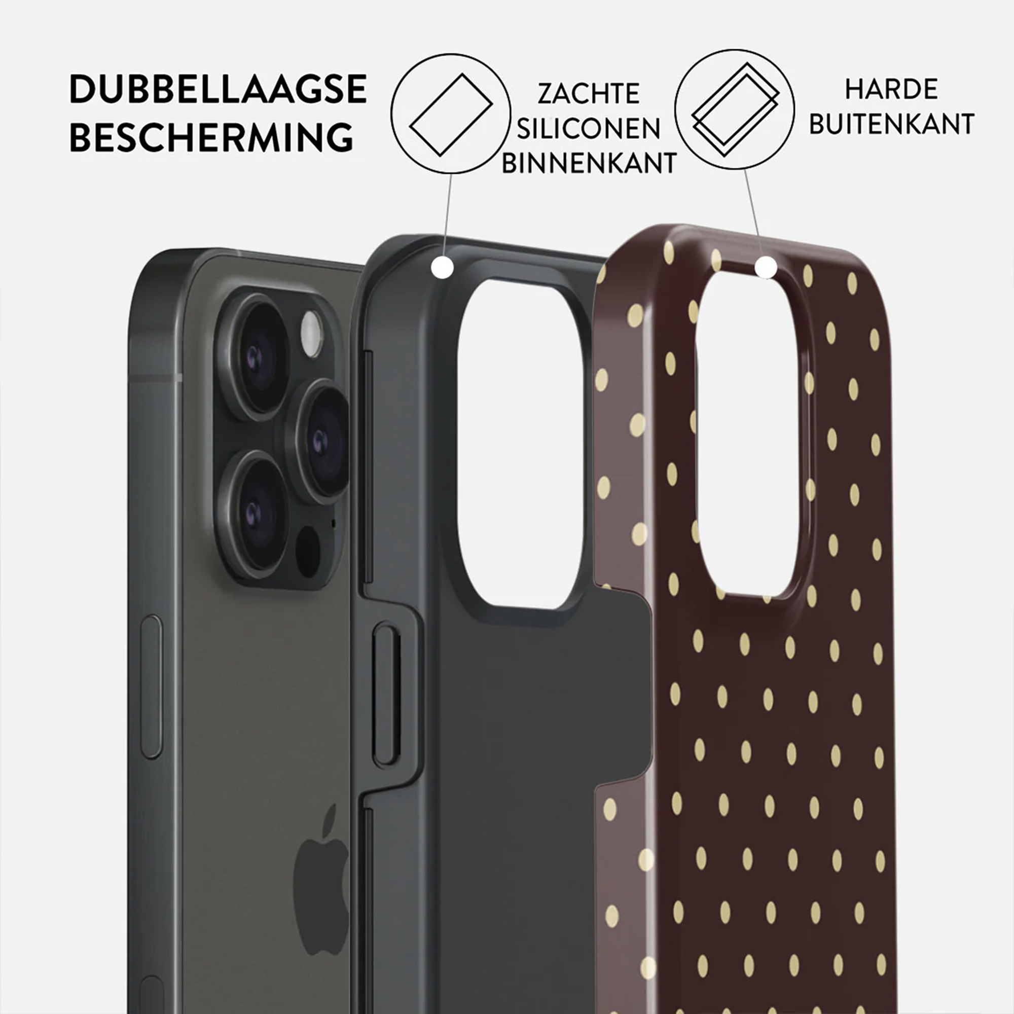 Telefoonhoesje, drielaags ontwerp: telefoon, zachte siliconen en harde buitenschaal. De buitenschaal is bruin met gele stippen.