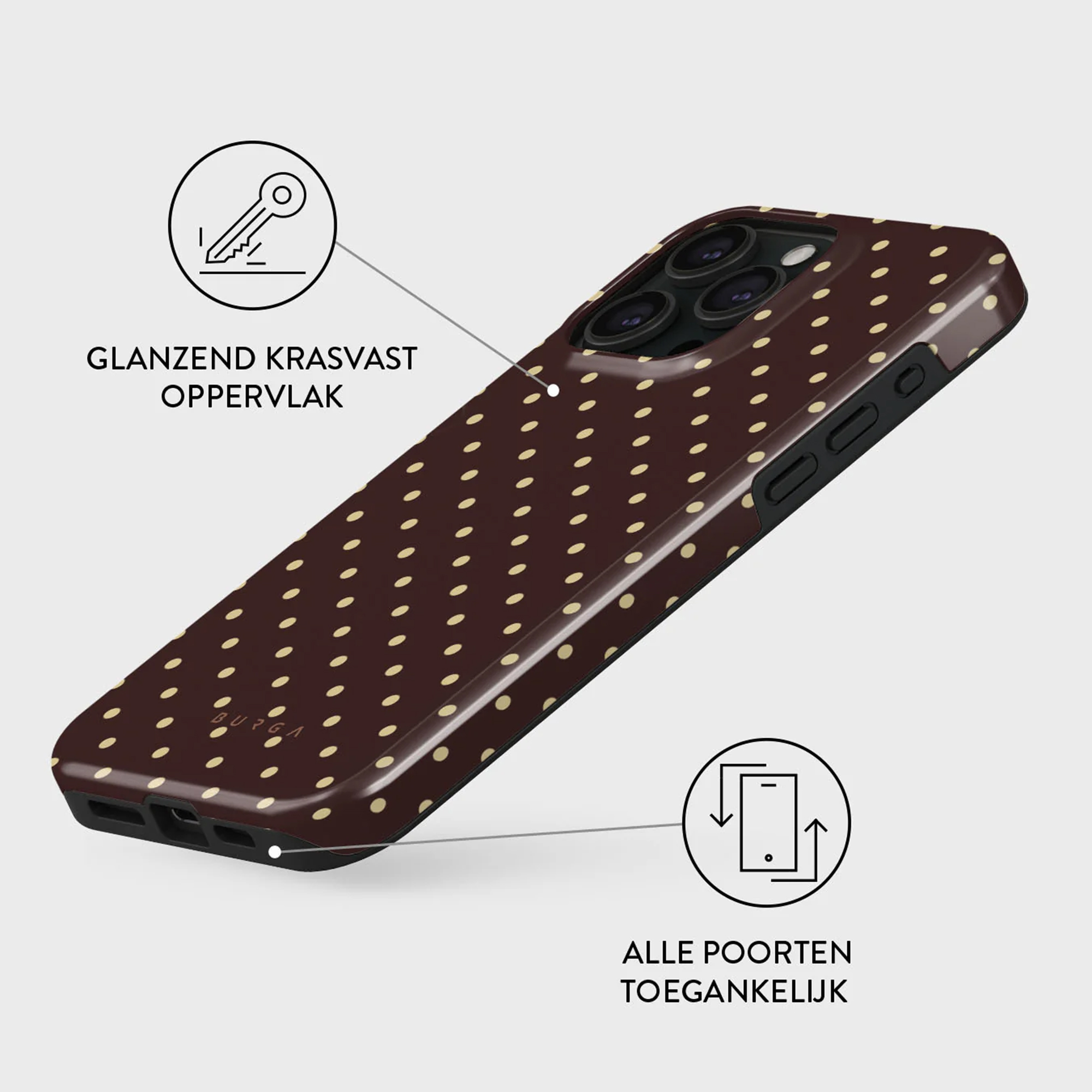 Een telefoonhoesje met een bruin stippenpatroon. Het heeft een glanzende afwerking. Er zijn pictogrammen met beschrijvingen.