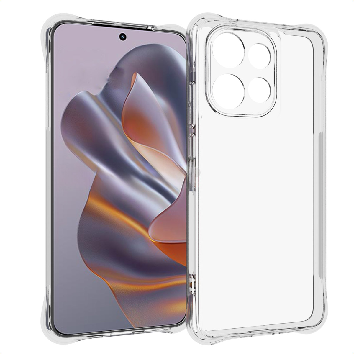 Een smartphone met een doorzichtige beschermhoes. Het scherm toont een abstract paars en bruin ontwerp. De hoes heeft uitsparingen voor de camera.