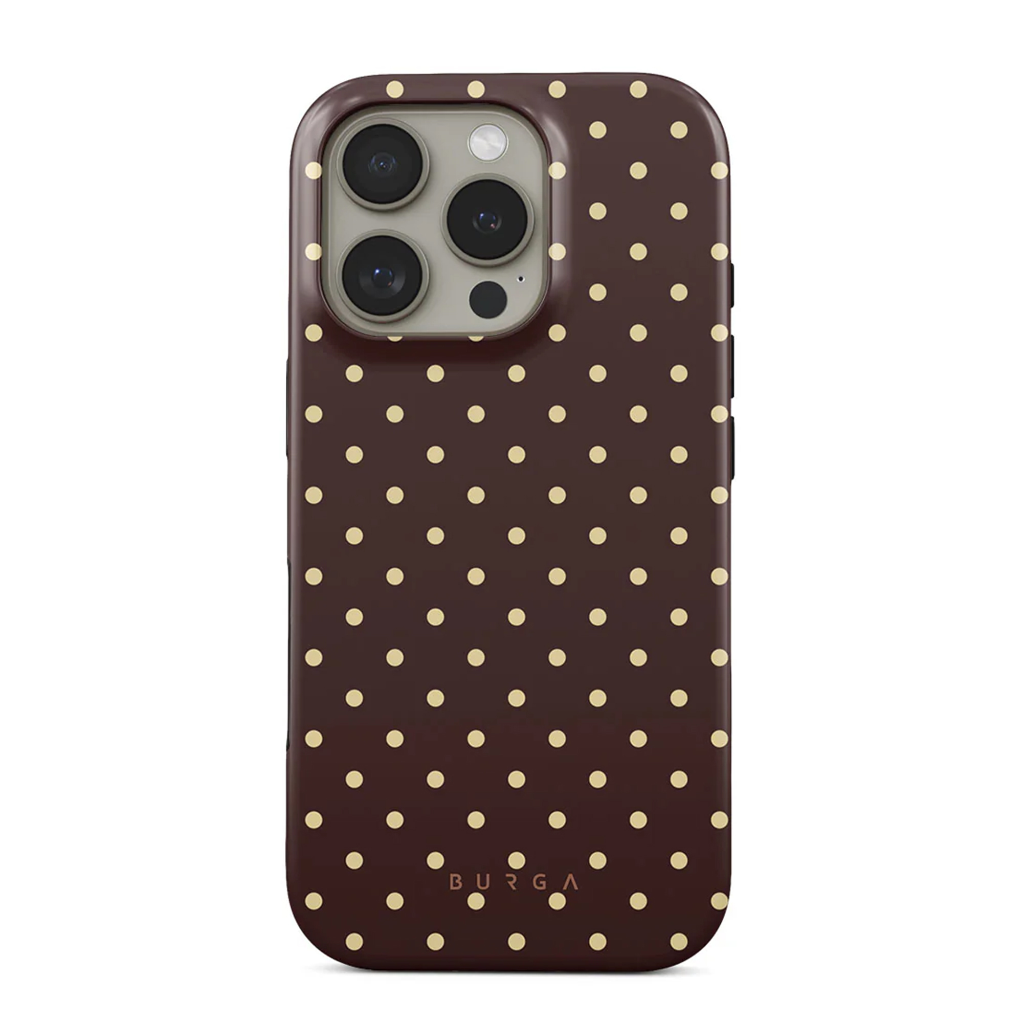 A phone case with a brown background and small yellow polka dots. The case has a camera cutout and the brand name.
