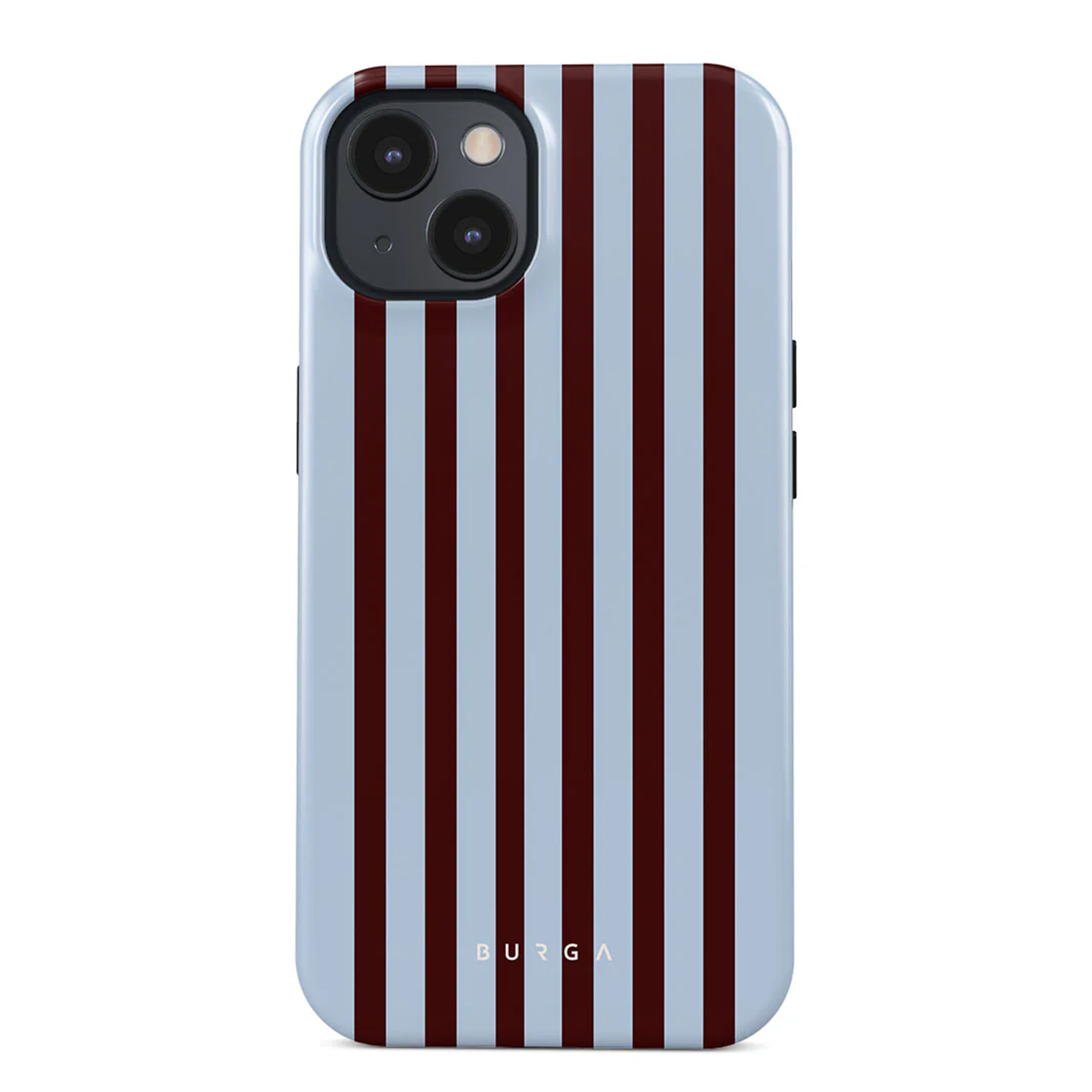 Telefoonhoesje met afwisselende lichtblauwe en bordeauxrode verticale strepen. Beschikt over twee camera's en het merk BURGA.