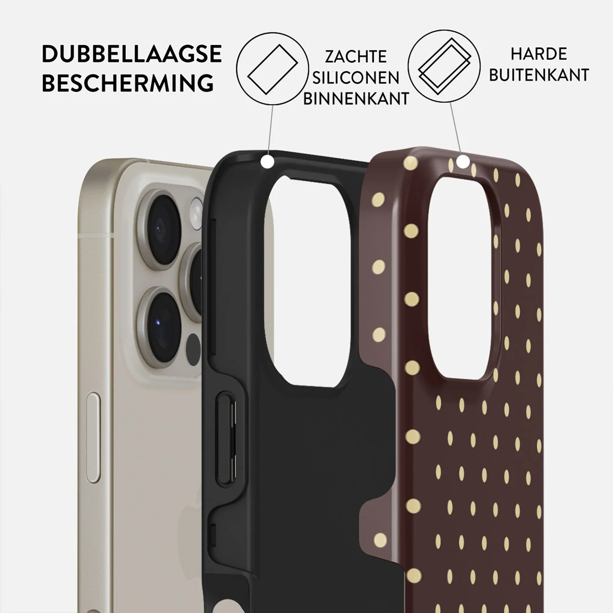 Phone case with a phone inside. The case is brown with yellow dots, a black interior, and a gold phone.