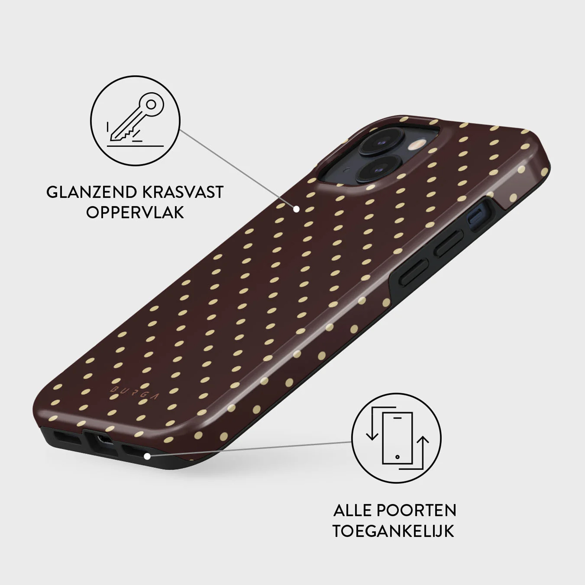 Een telefoonhoesje met een bruin stippenpatroon. Het heeft een glanzende afwerking. Tekst in het Nederlands. Zwarte telefoon zichtbaar.