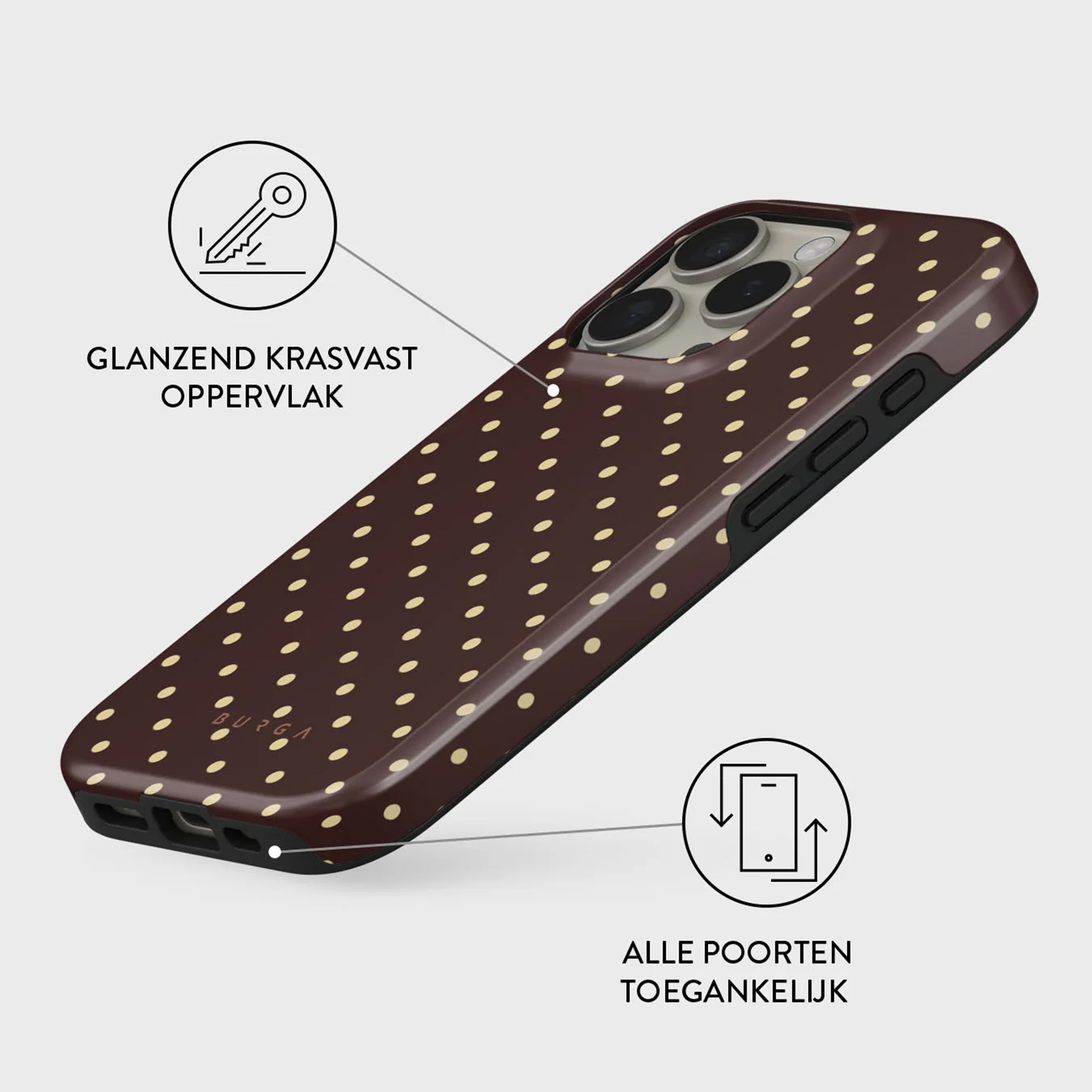 A phone case with a brown polka dot design. The case has a glossy finish and is labeled with 'BURGA'.