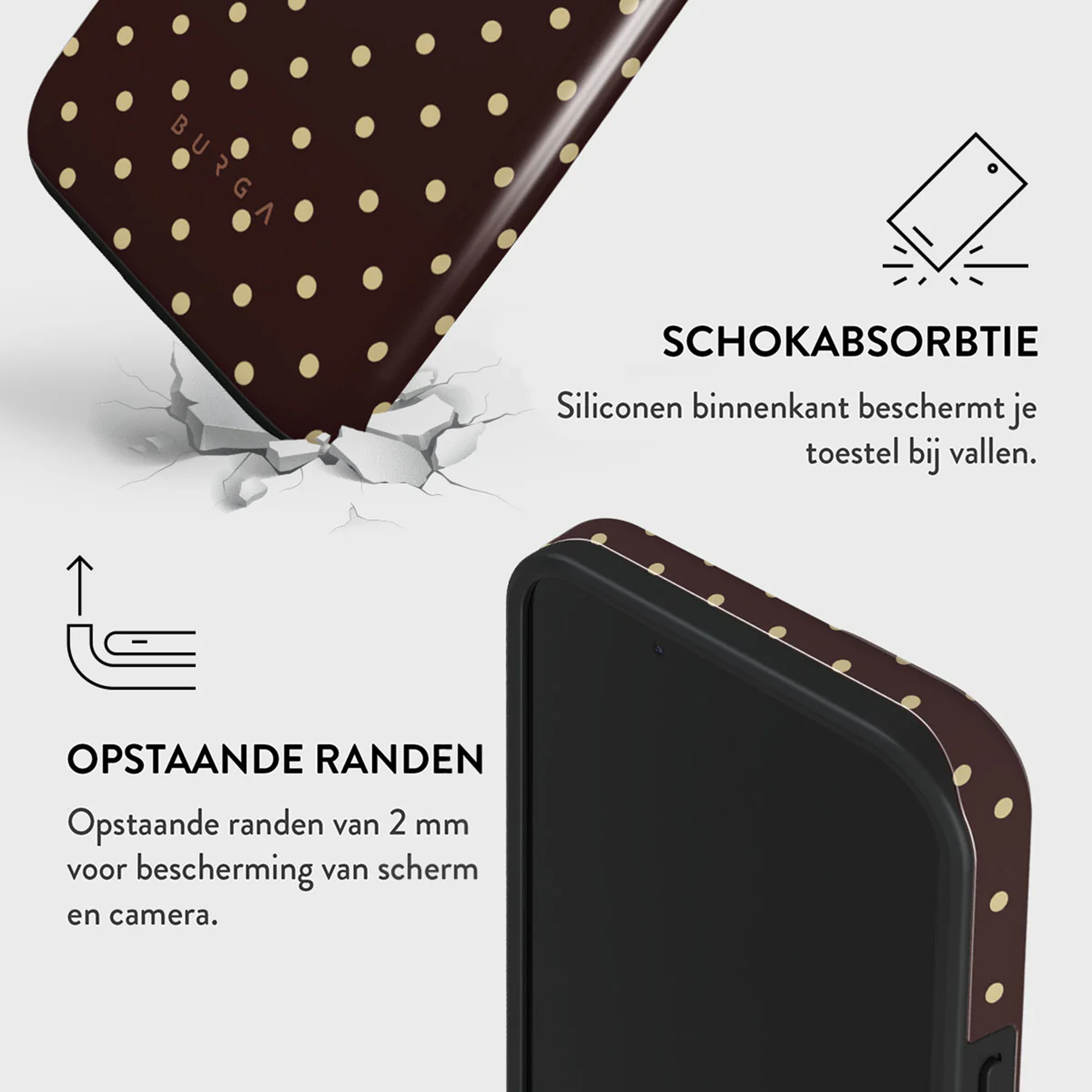 Een telefoonhoesje met een bruin stippenontwerp. Toont impactbeschermingsfuncties, zoals verhoogde randen en schokabsorptie.