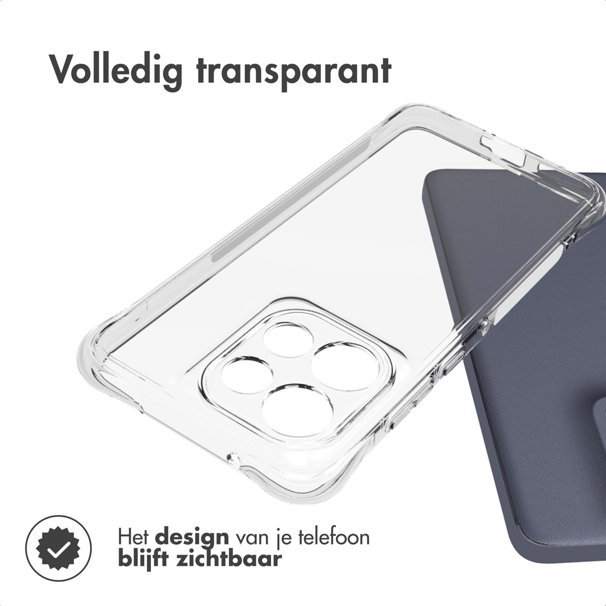 Een doorzichtige telefoonhoes wordt getoond, die gedeeltelijk een blauwe telefoon bedekt. Tekst: Volledig transparant. Design zichtbaar.