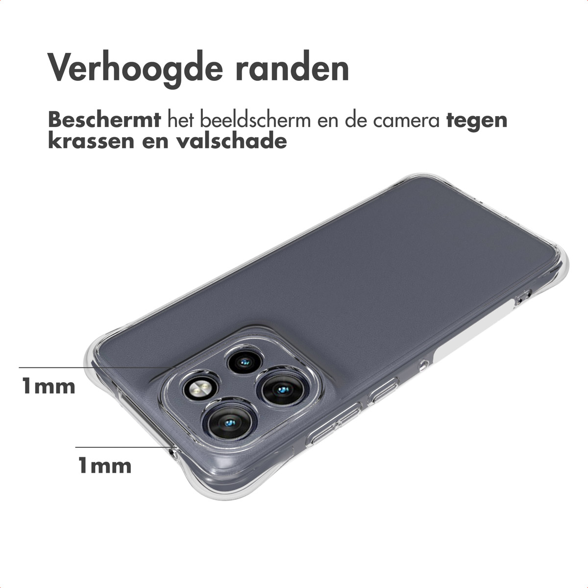 Een telefoonhoesje met verhoogde randen. Het beschermt het scherm en de camera. De hoes is transparant met een grijze telefoon erin.